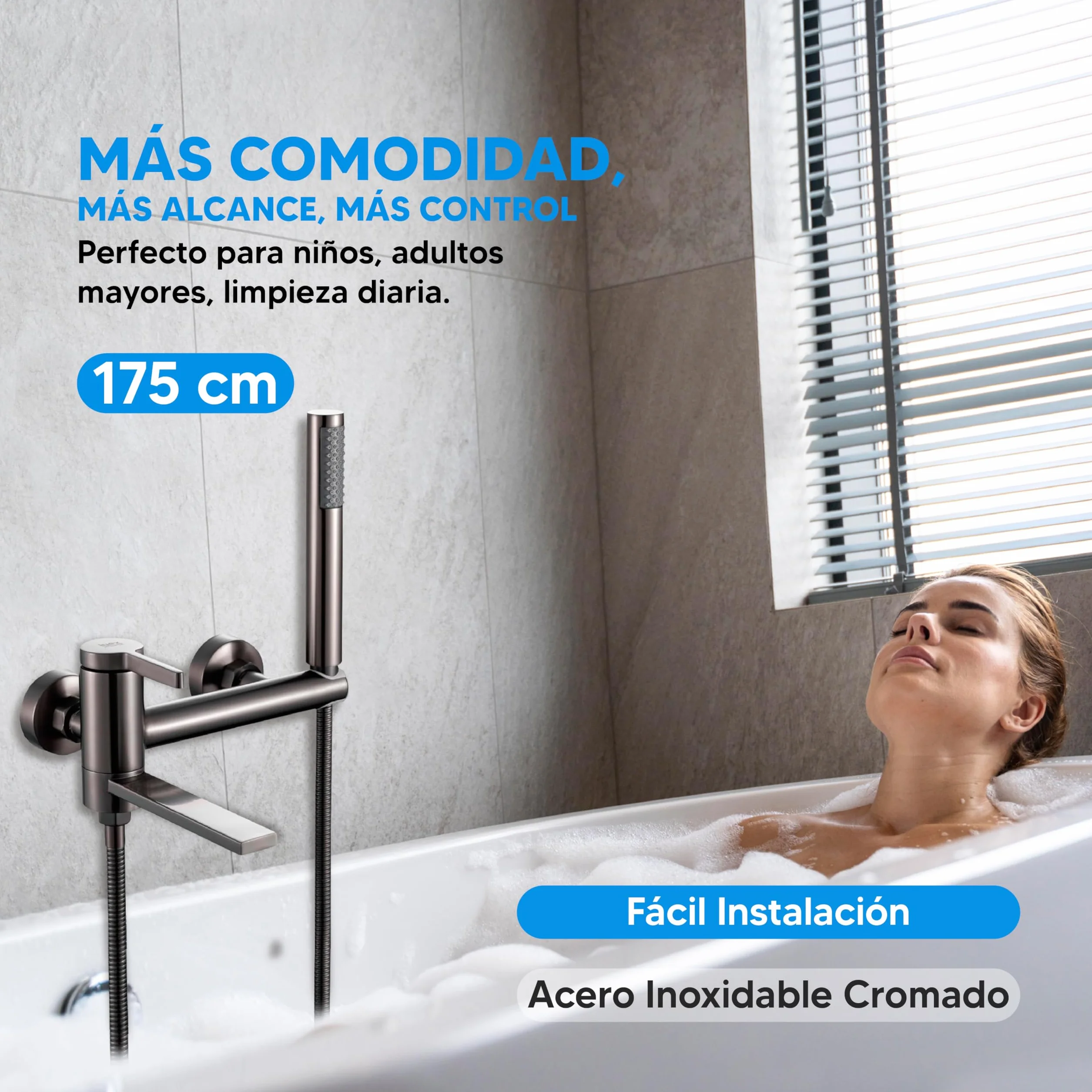 INEX EUROPA Grifo Bañera Ducha Acero Inoxidable Monomando Alta Presión Manguera 175cm Gris