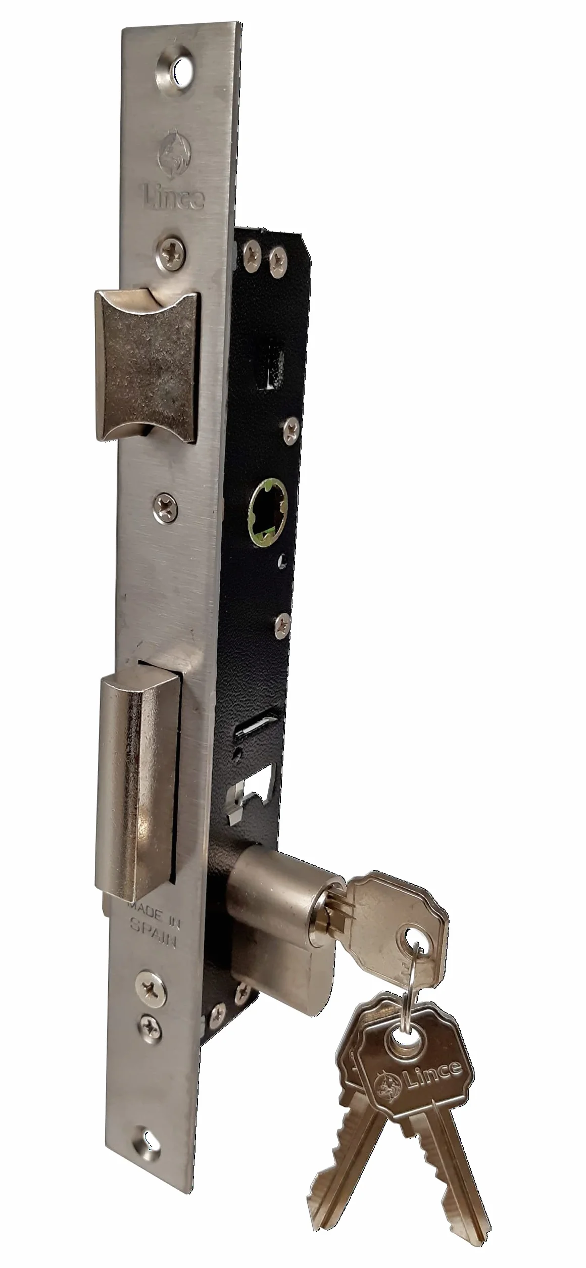 Lince Cerradura 553020 I Cerraduras para carpinterías de aluminio 20mm. I Frente Inoxidable I Cerradura de embutir I Picaporte Reversible I Para perfiles estrechos.