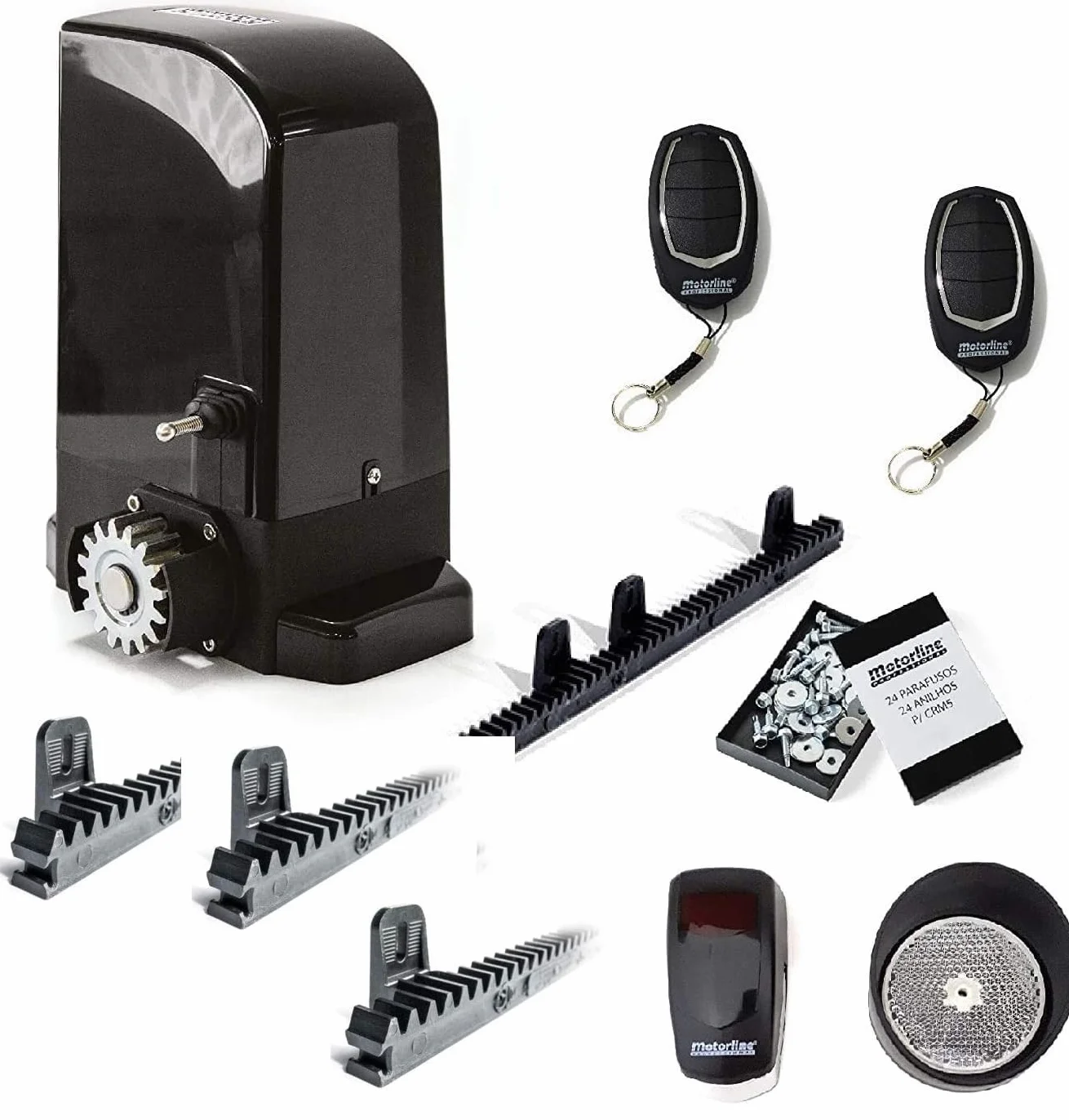 Kit completo Motorline Bravo 500 motor corredera profesional para automatizar puertas y cancelas correderas de hasta 500 kg de peso, con accesorios de calidad profesional y manual en español.