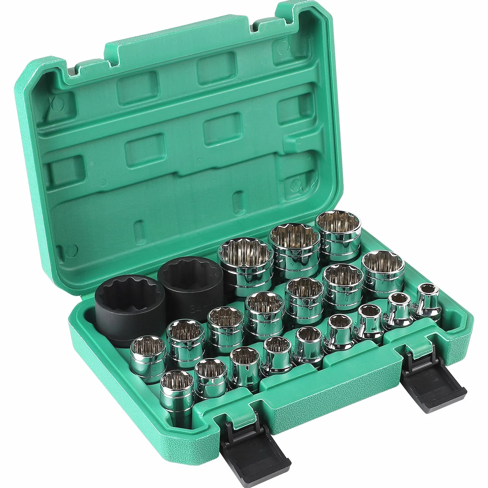 CPROSP 21 Pcs Juego de Llaves de Vaso 12 Caras 1/2 8-36mm con Estuche Resistente y Portátil, Juego de Vasos Gearlock Tamaño Máximo 36 mm CR-V en Acero