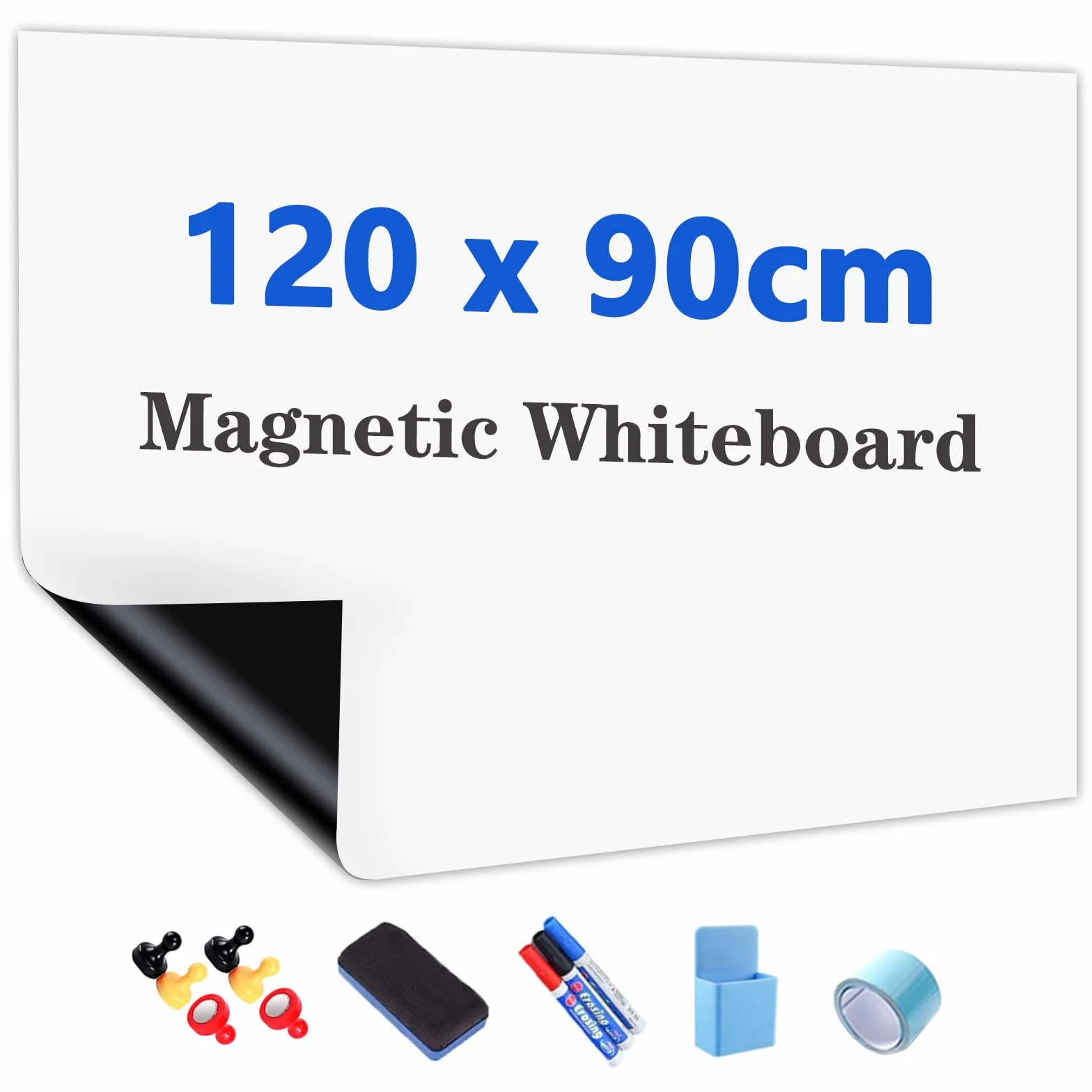 JOMUSAGA Rollo de Pizarra Blanca Magnética 120x90 cm Papel Pizarra Adhesiva para Pared con Rotuladores Borrador Imanes