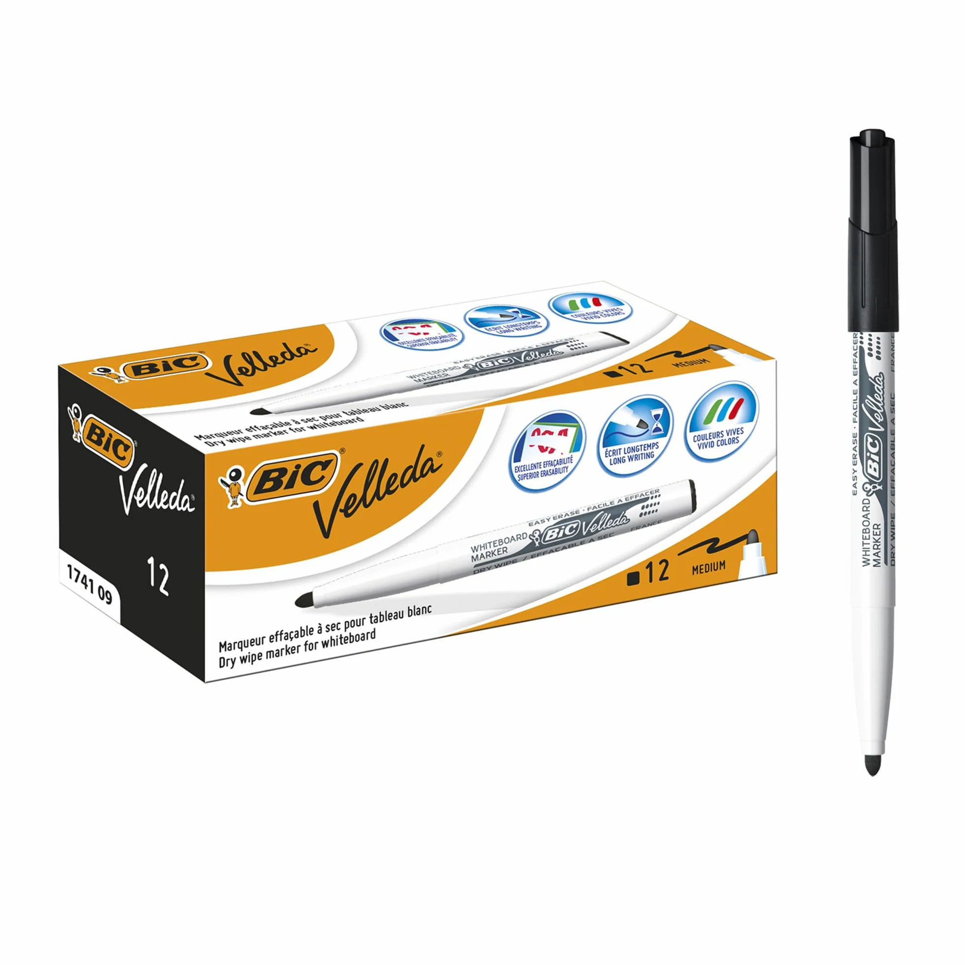 BIC Velleda 1741 Rotuladores de Pizarra Punta Media Para Pizarra Blanca, Óptimo para la Escuela y la Oficina, Color Negro, Caja de 12 Unidades