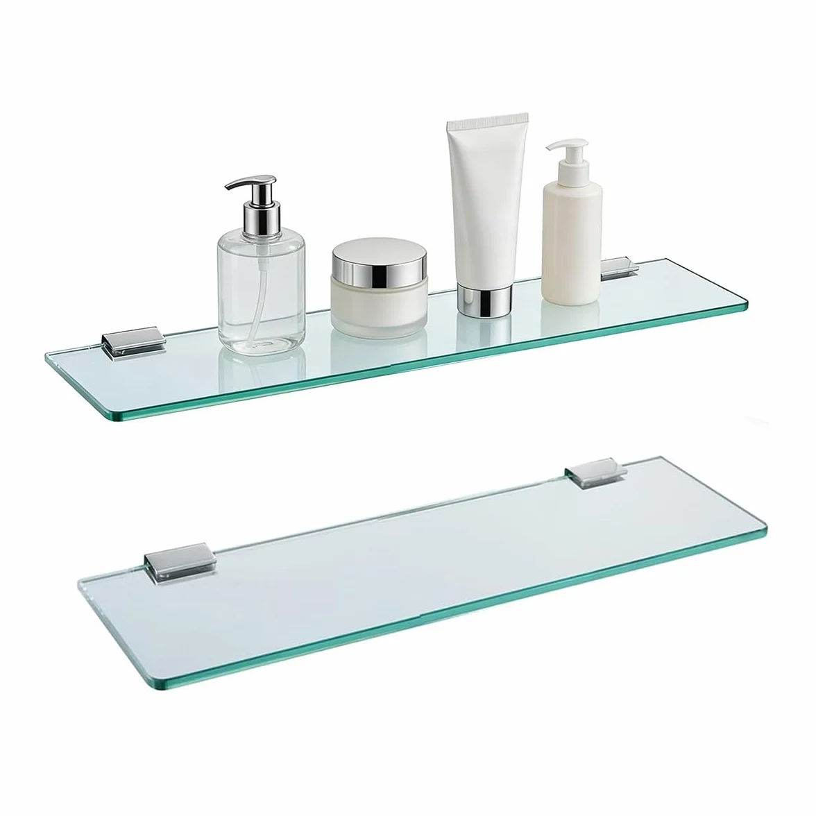 Estantes de Ducha de Vidrio Templado de 8 mm Estante de Pared de Cristal de Acero Inoxidable Soporte Cromado para Baño y Cocina （35CM-2PC）