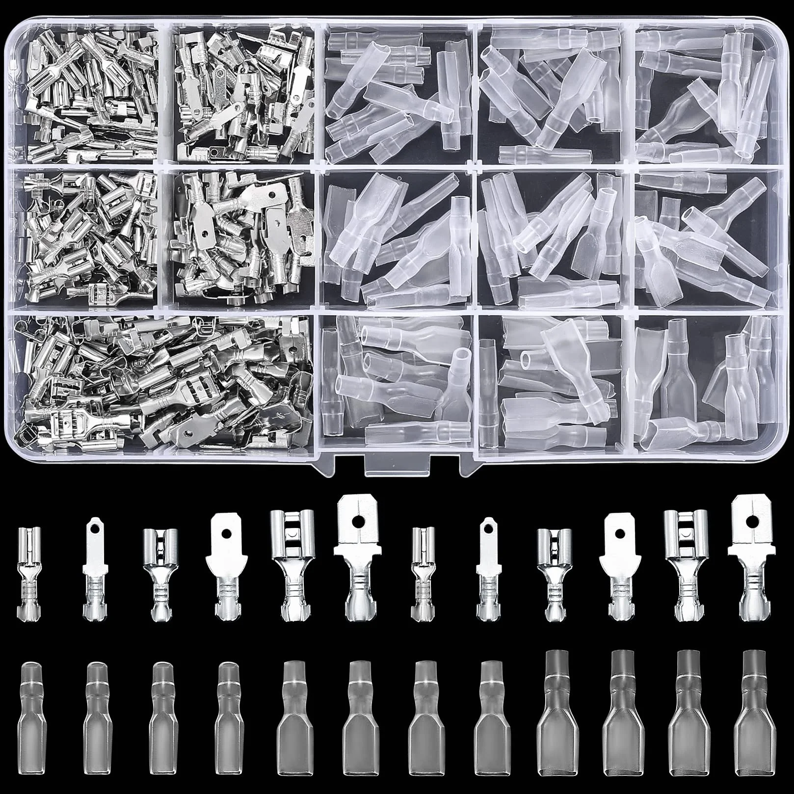 Set de 360 Terminales de Cable, Conectores de Empalme Plano, 2,8mm 4,8mm 6,3mm Conector Macho y Hembra, Terminales de Cable con Funda Aislante, Conectores Eléctricos de Crimpado