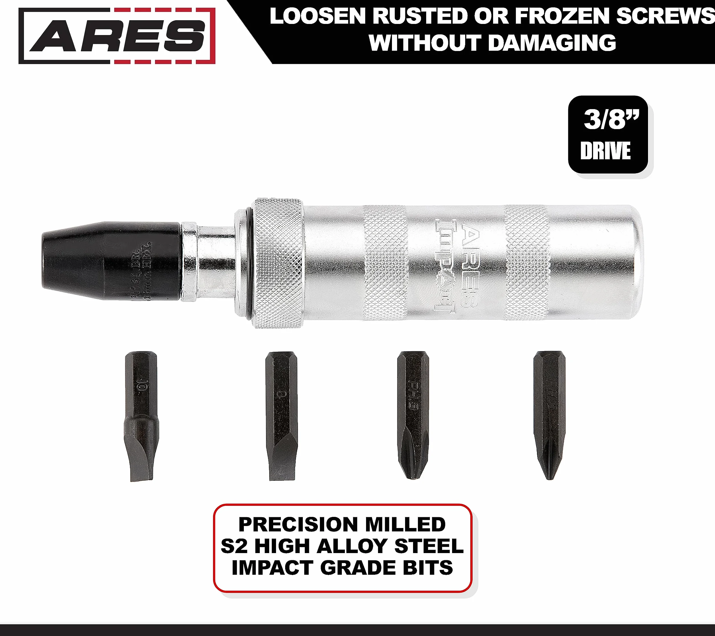 ARES 70006 | Destornillador de impacto reversible manual de 3/8 pulgadas | Cabezal plano 5/16 pulgadas, 3/8 pulgadas y Phillips #2, 3 brocas para aplicaciones más comunes | desenganchar cierres oxidados o pernos congelados