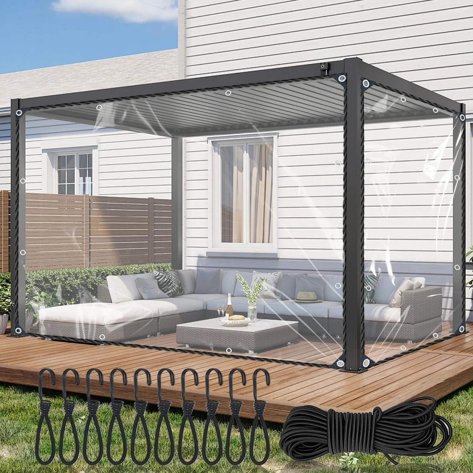 Lona Impermeable Exterior 3x4m, 420g/m² Transparente Lona de Protección con Ojales, 10pcs Gancho y 10m Cuerda Elástica Lonas Resistente para Jardín Balcón Patio Cubierta Vegetal