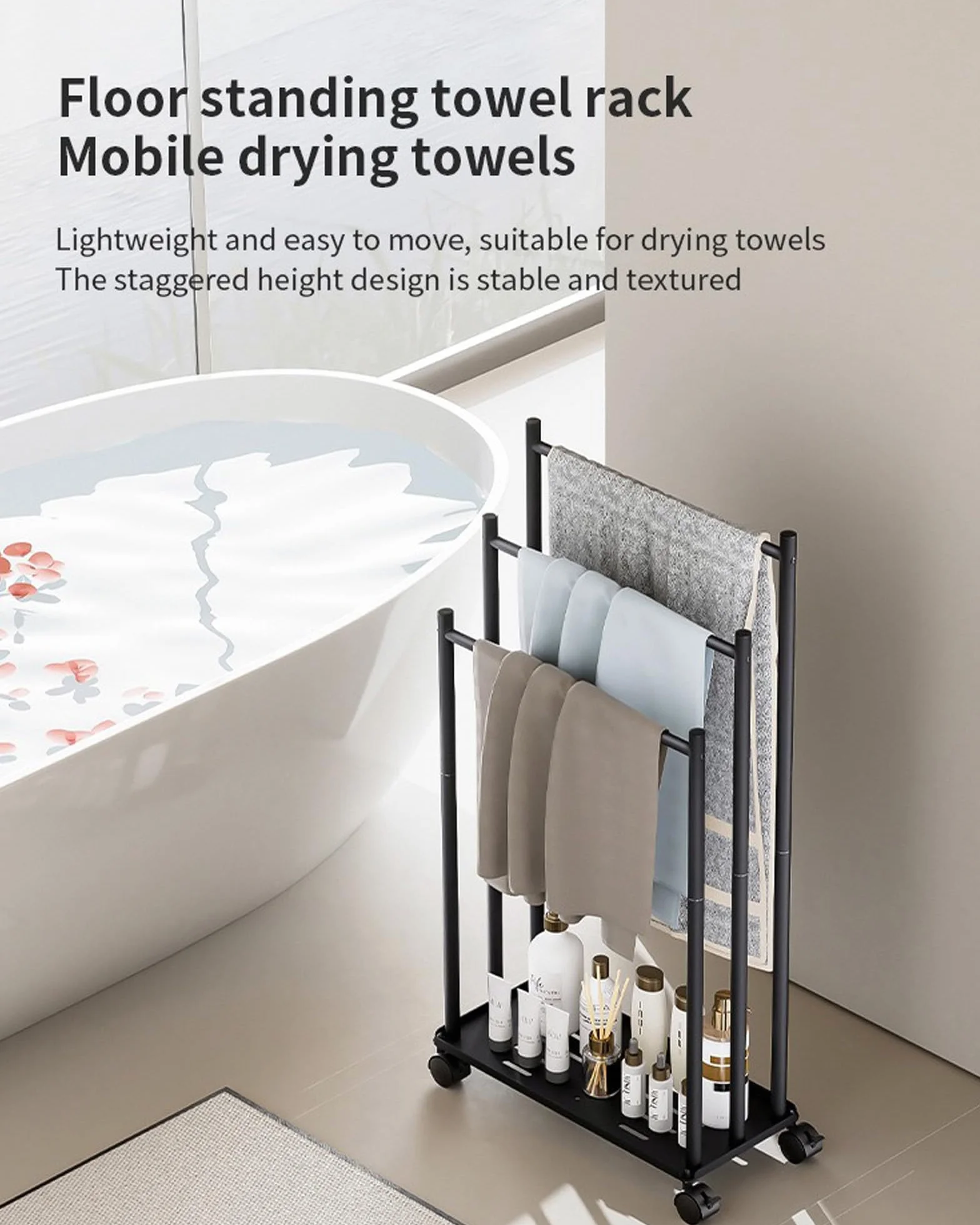 Toallero de Pie de 3 Niveles, Toallero Escalera con Estante y Ruedas, Ahorra Espacio, Material Metálico, Toallero de Piscina para Exteriores, para Baños, Salón, Negro
