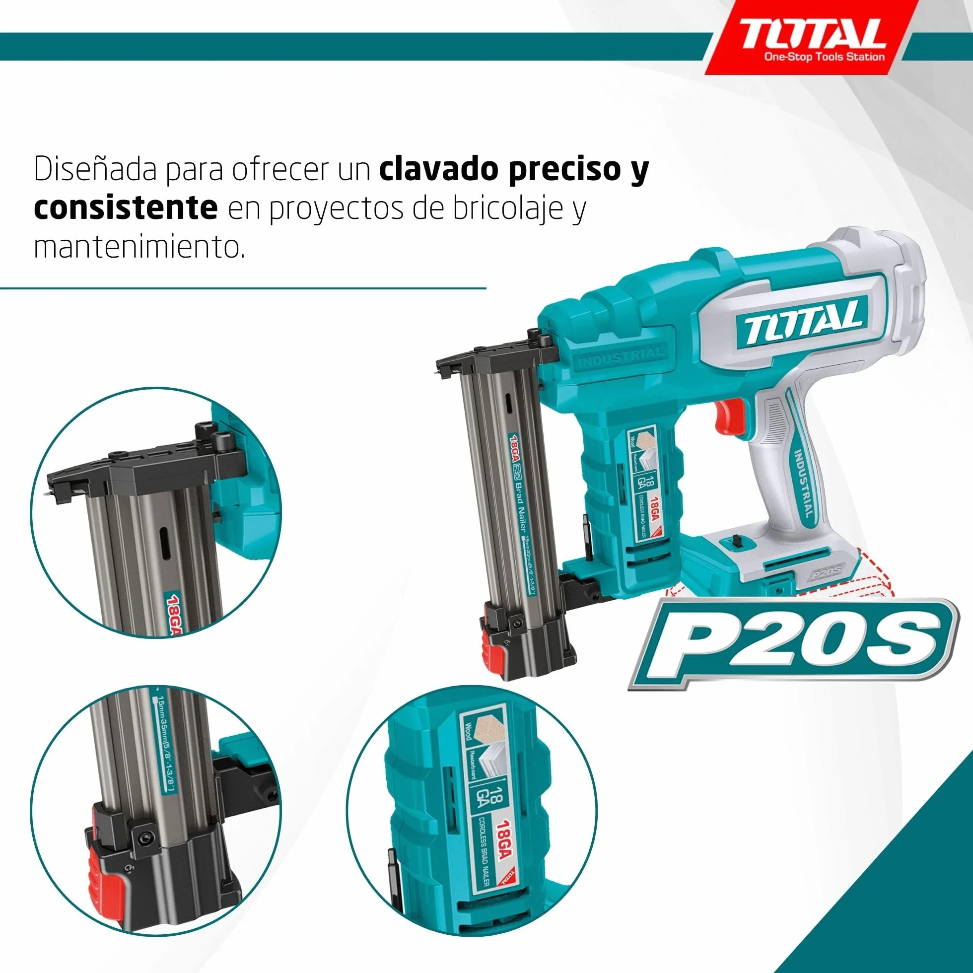 TOTAL - Clavadora a Batería 20V Profesional; 2 Clavos; Compatible F15-F35; Cargador 105 Clavos; Modelo TCBNLI2005; Herramienta Eléctrica sin Batería ni Cargador