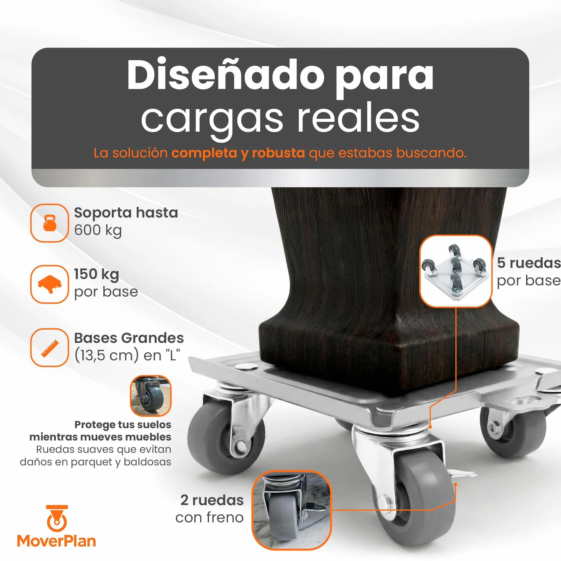 Ruedas para Mover Muebles Pesados 600kg - Elevador Muebles con 5 Ruedas 360°, Acero Reforzado, Correas de Amarre, Palanca Extensible, Kit Profesional 22 Piezas