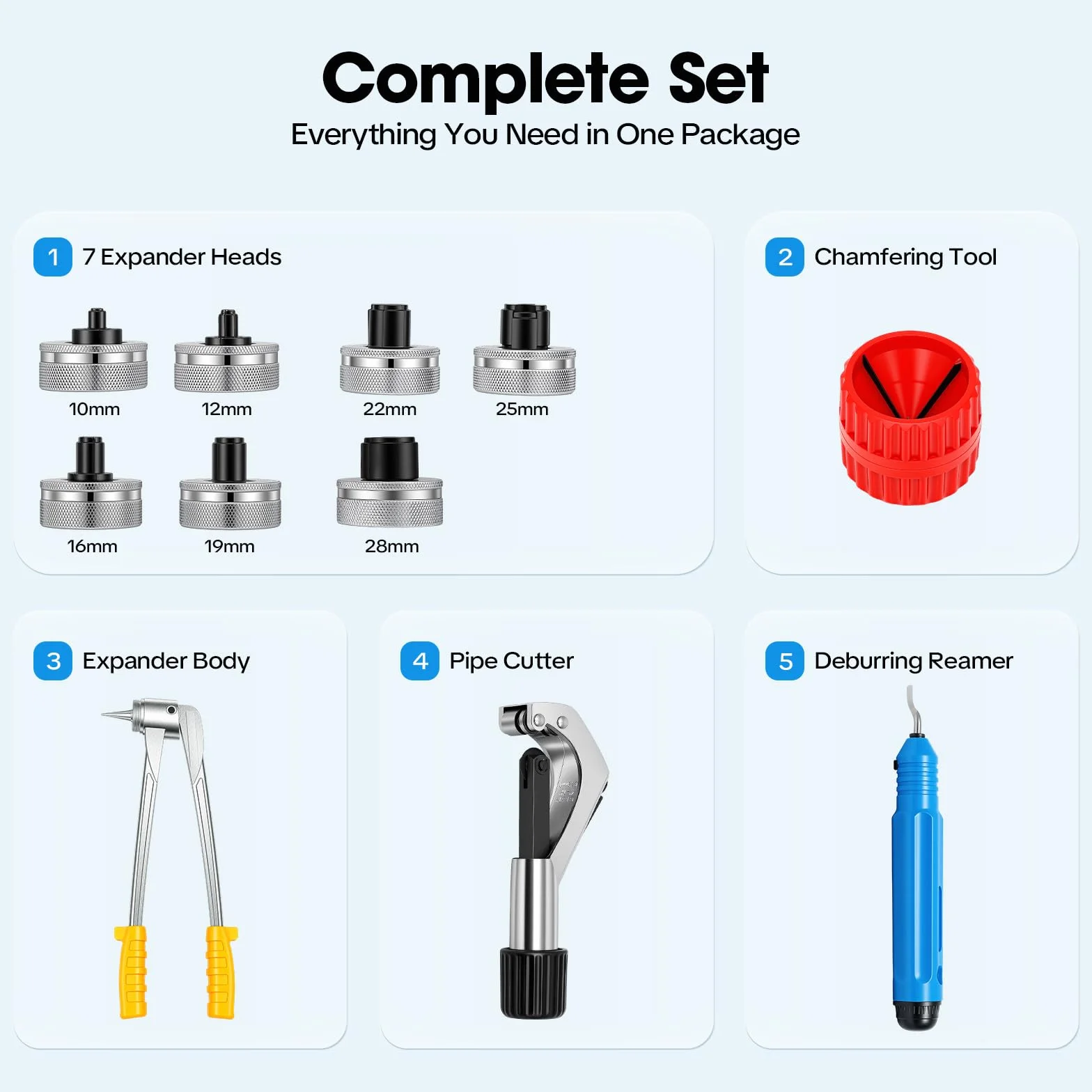 Juego de expansores de tubos manuales (10-28 mm), 7 piezas con maletín, para tubos de cobre, latón y aluminio, herramienta de expansión de tubos de palanca para aire acondicionado y fontanería