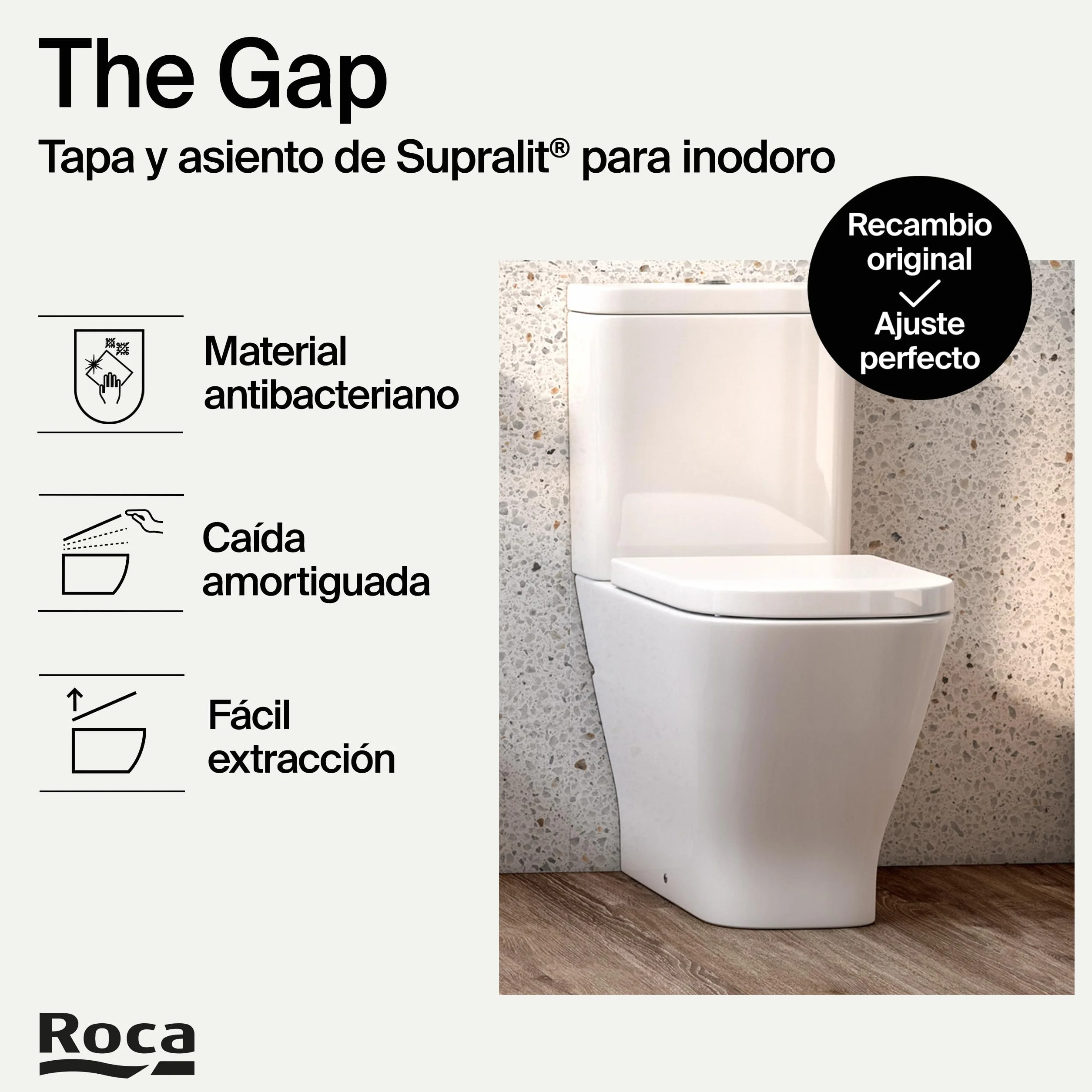 Roca The Gap - Tapa y asiento de Supralit para inodoro de tanque bajo con caída amortiguada, tapadera de WC original con ajuste perfecto, recambio de tapa de váter resistente, blanco, A80147000B