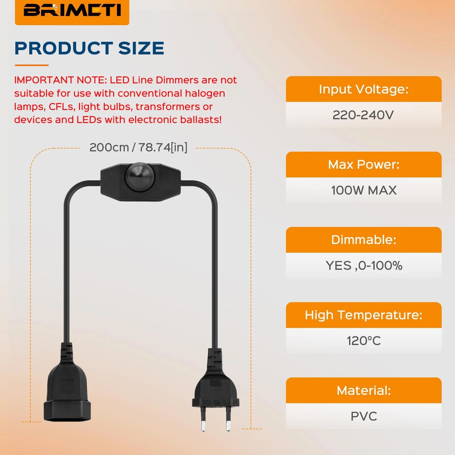 Regulador LED con Interruptor, BRIMETI 2 Meter Regulador de Intensidad Cable, Dimmer Lámparas LED 220-240V, 100W Max Enchufe Cable Extensión Regulador Rotativo, Interruptor Dimmer para Led Regulable