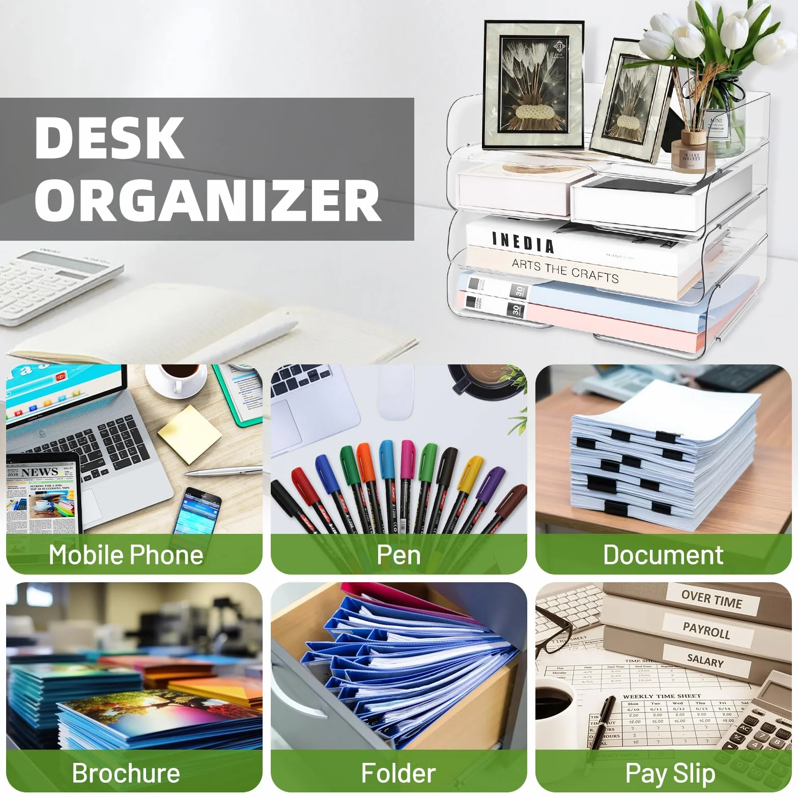 Organizador Escritorio Pet Apilable Bandeja Acrílico Transparente Papel Oficina