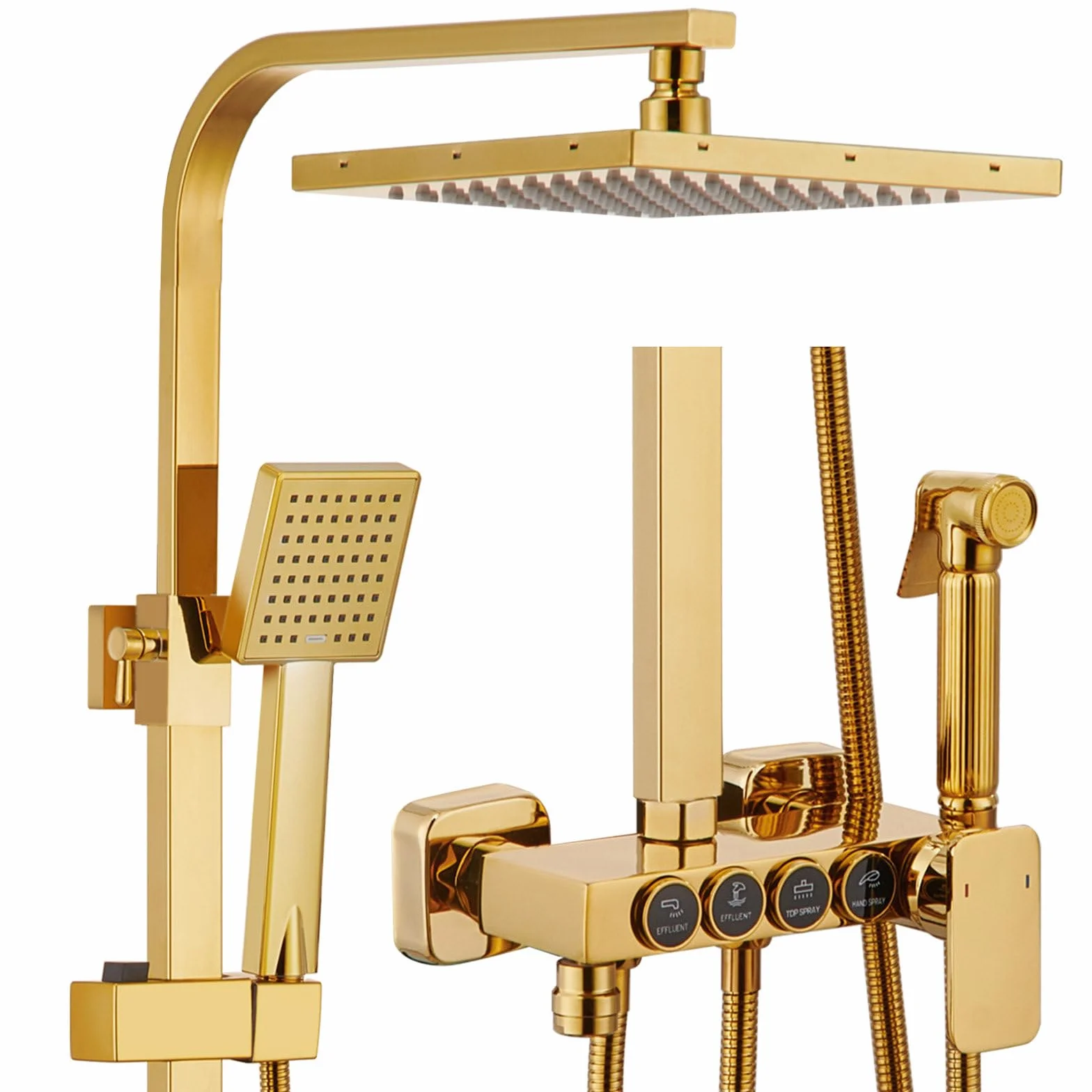 Columna Ducha, Columna de Ducha Oro Cepillado 4 in 1,Sistema de Ducha Latón | Conjunto de Ducha con Ducha de Techo de 225mm, Ducha de Mano, Grifo de Bañera y Ducha Higienica, Altura y Ángulo Ajustables