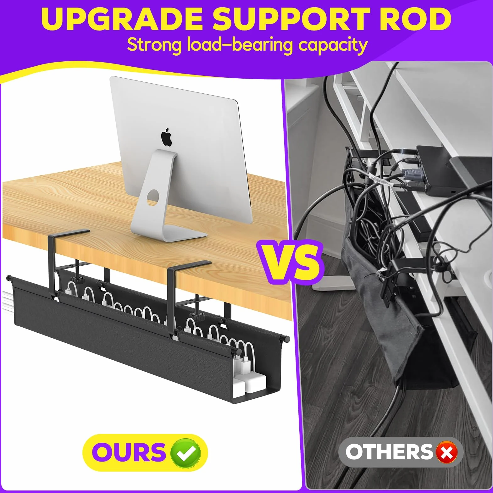 REFLYING 74cm Organizador Cables Escritorio, Bandeja Cables Escritorio sin Taladro, Recoge Cables Escritorio para Mesa de Pie, Cable Management en la Oficina o en Casa, Negro