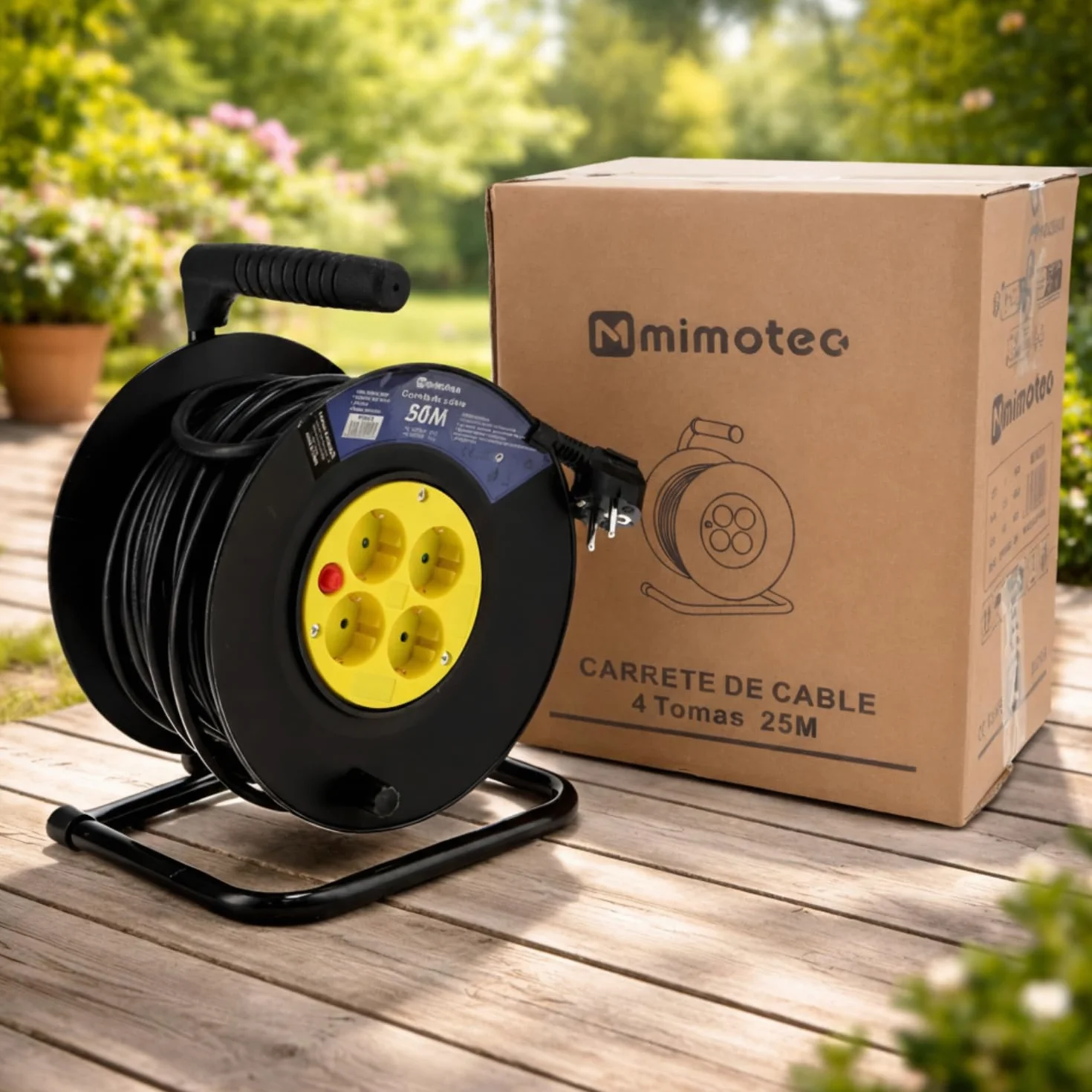 M mimotec - Enrollacables Exterior 50 Metros 4 Tomas 3200W 16A | Cable H05VV-F 3x1,5 mm² | Carrete Eléctrico con Protección Infantil | Alargador para Jardín, Garaje, Taller y Hogar