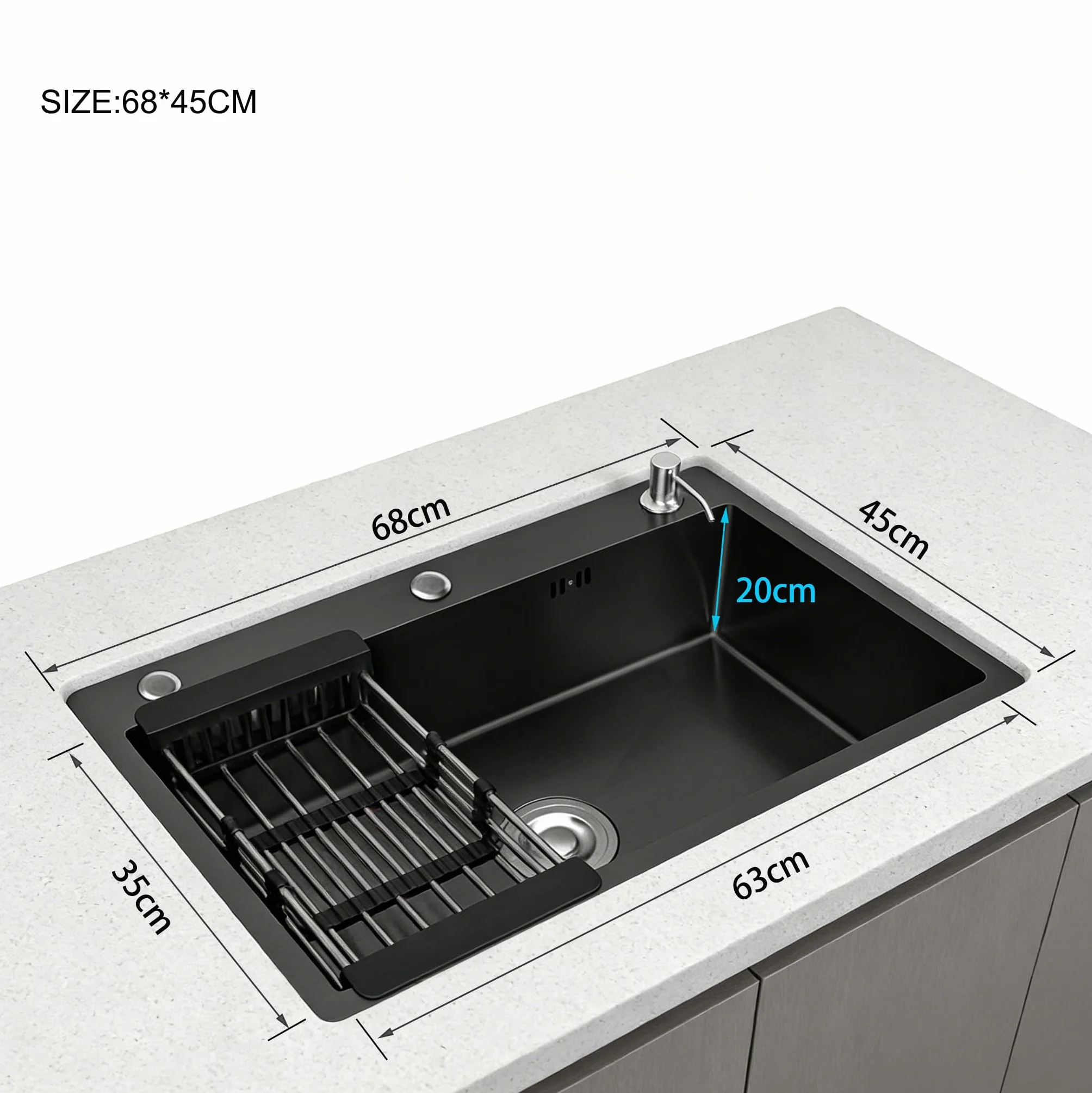 Fregadero de Cocina 1 Seno con Escurridor, Acero Inoxidable Negro, con Dispensador de Jabón para Baño, Viajes en Caravana, 68 * 45 * 20cm
