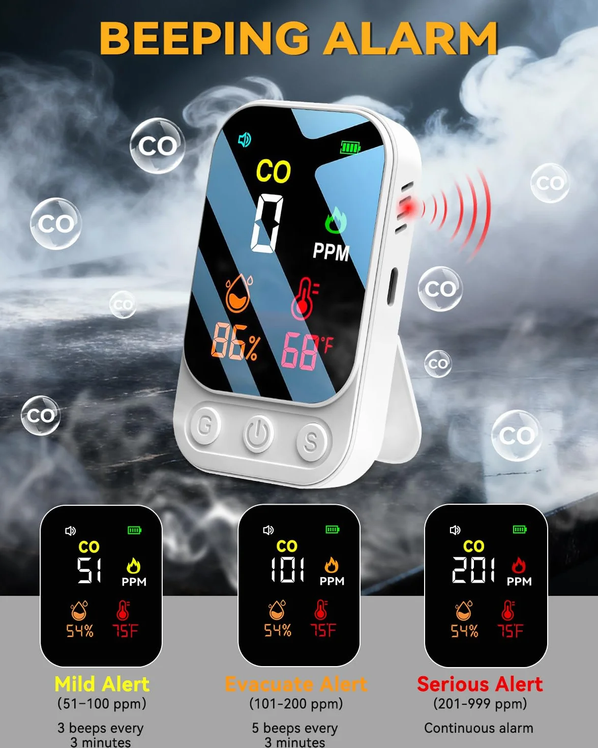 3 en 1 Detector Monóxido de Carbono Alarma De Monóxido Co Portable Carbon Monoxide Detector con Temperatura Humedad Alarma Audible y Visual para Viajes en Casa Camping Autocaravana
