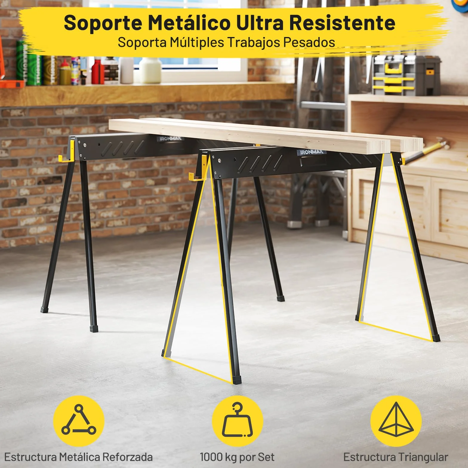 COSTWAY Juego de 2 Caballeteas de Sierra con Patas Plegables, Caballete Metálico de Trabajo con Asa y Brazos de Soporte, Borriquetas para Contratistas Carpinteros, Carga 500 kg, Negro