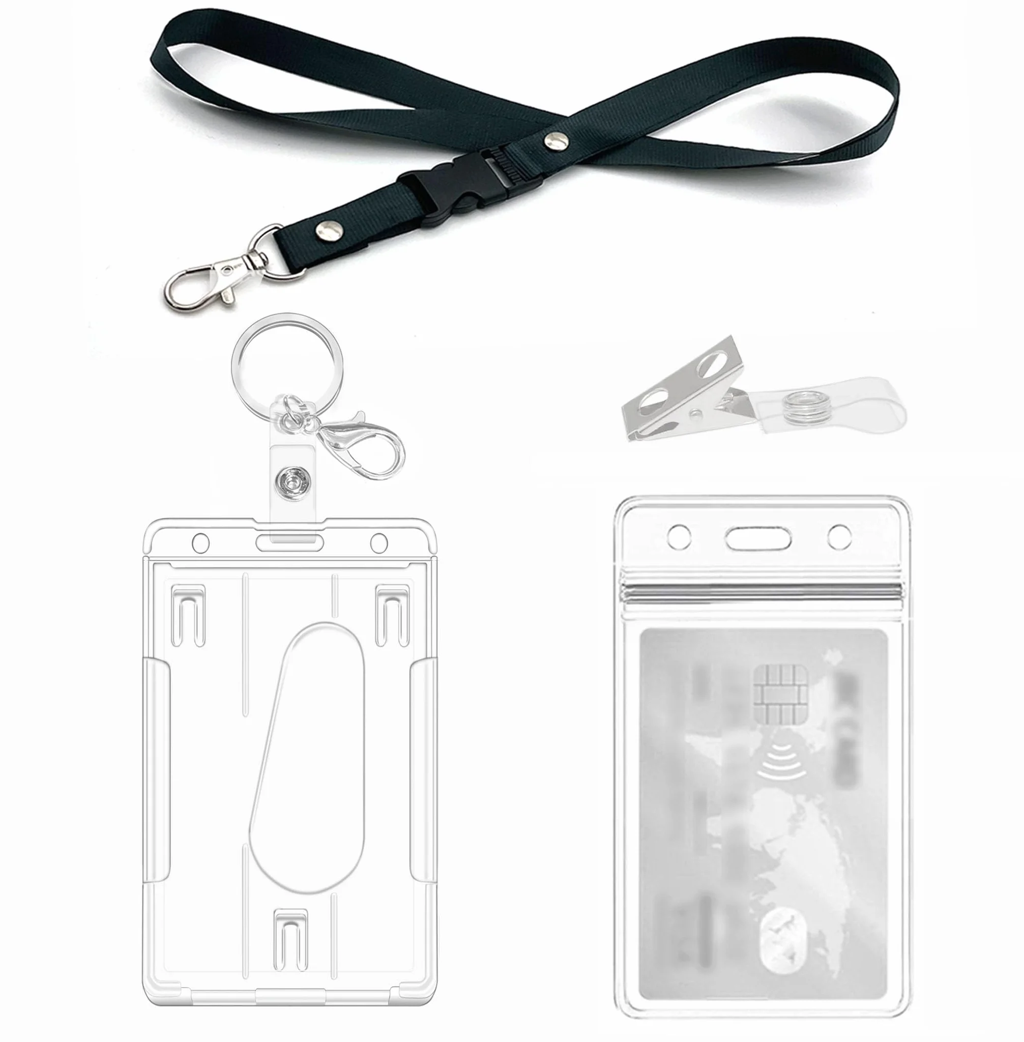 Porta Badge Titulares con Cordón, Llaveros, Clips para Tarjetas de Proximidad, Crédito e Identificación (1 Set Vertical)