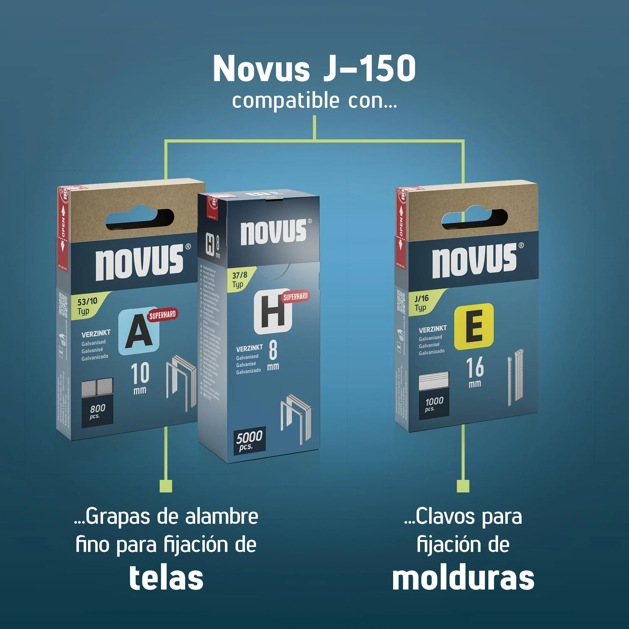 NOVUS TOOLS Juego de grapadora eléctrica J-150 con 1800 grapas, grapadora profesional y pistola de clavos con regulación de la fuerza de impacto, tope de distancia y mecanismo de carga inferior