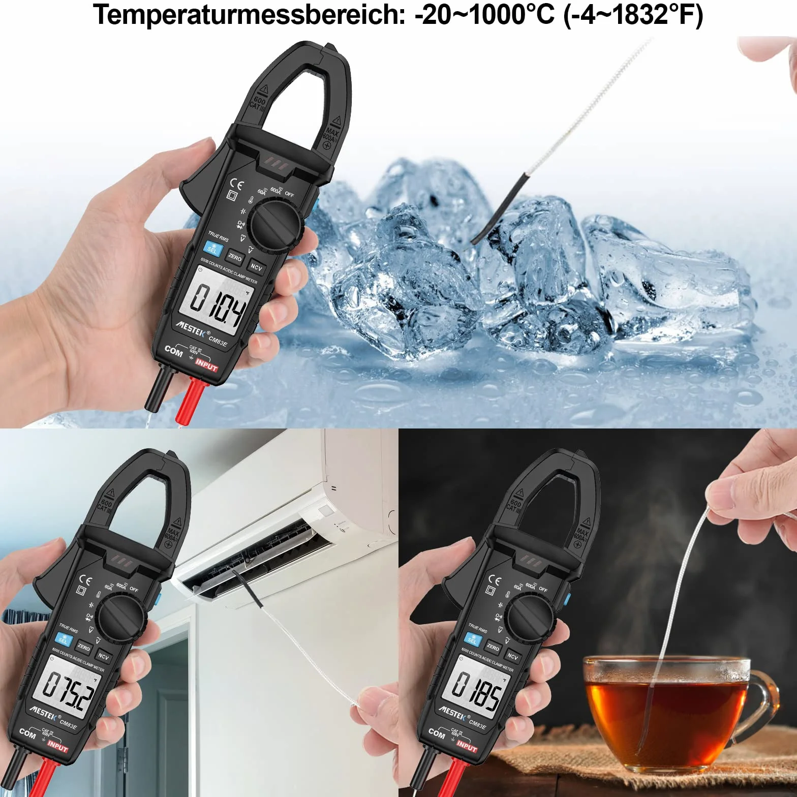 Pinza Amperimetrica Multimetro MESTEK Polimetro Digital Profesional Clamp Meter AC DC Corriente Voltaje CA/CC T-RMS Amperímetro Autorango Resistencia/Frecuencia/Temperatura Bateria NCV VFC 6000Cuentas