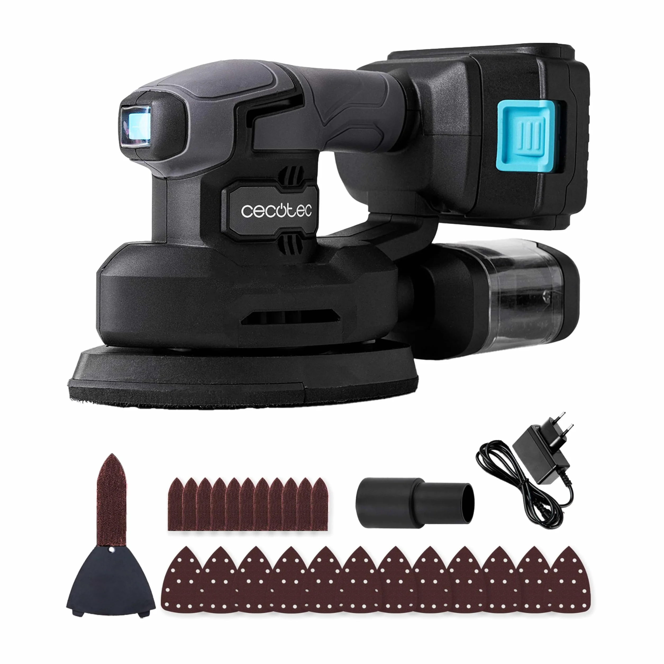 Cecotec Lijadora Eléctrica Orbital a Batería 21V y 2000mAh PerfectSurface 2120 Delta. Forma de Delta, Accesorio FingerDetail, 12 Recambios, Depósito de Polvo, Conexión para Aspirador, 28000vibr/min