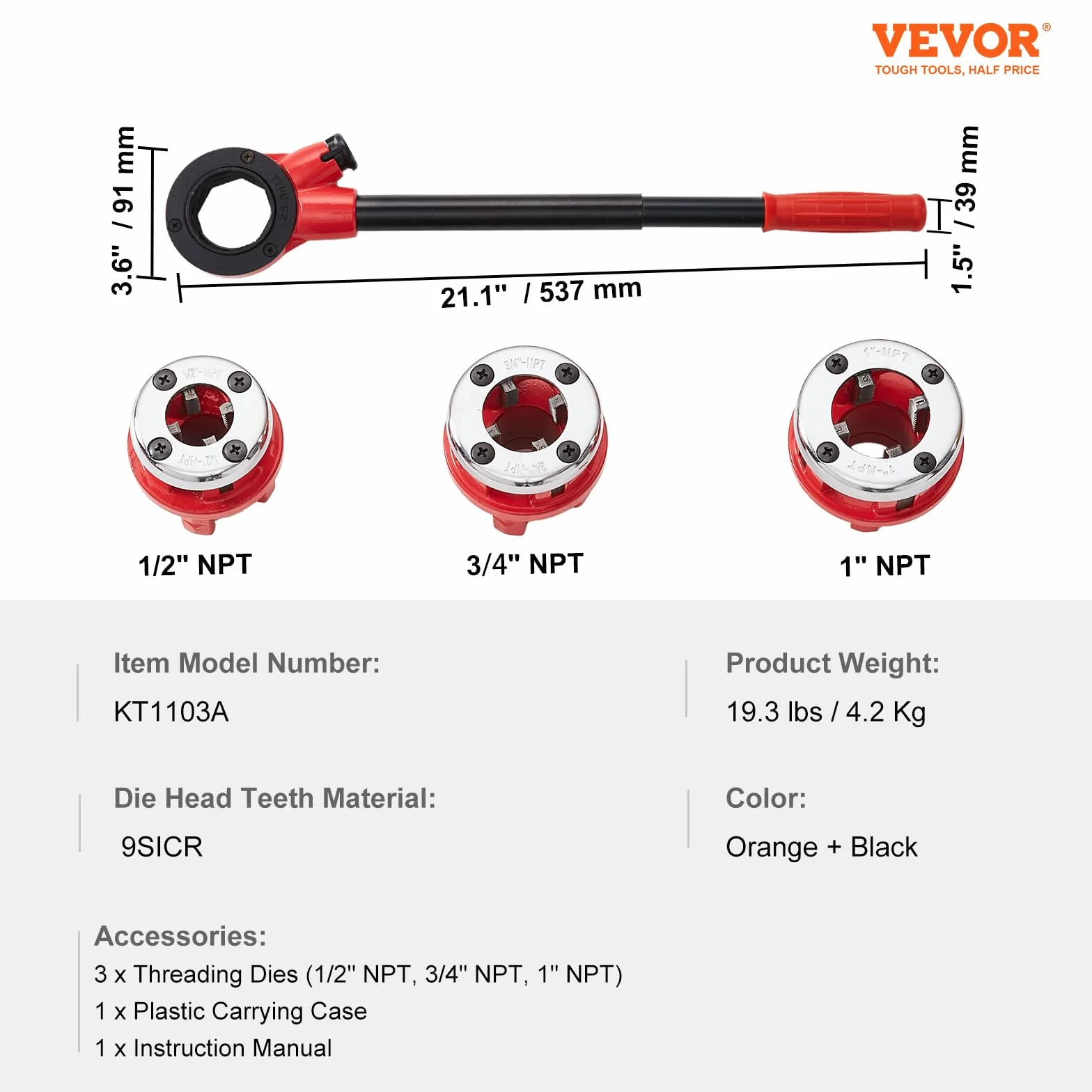 VEVOR Kit de Roscado de Tuberías con Trinquete 1/2", 3/4", 1" NPT Juego de Matrices de Fontanero Portátil 3 Matrices NPT Estuche de Almacenamiento para Tubos de Aluminio Galvanizado Hierro Cobre