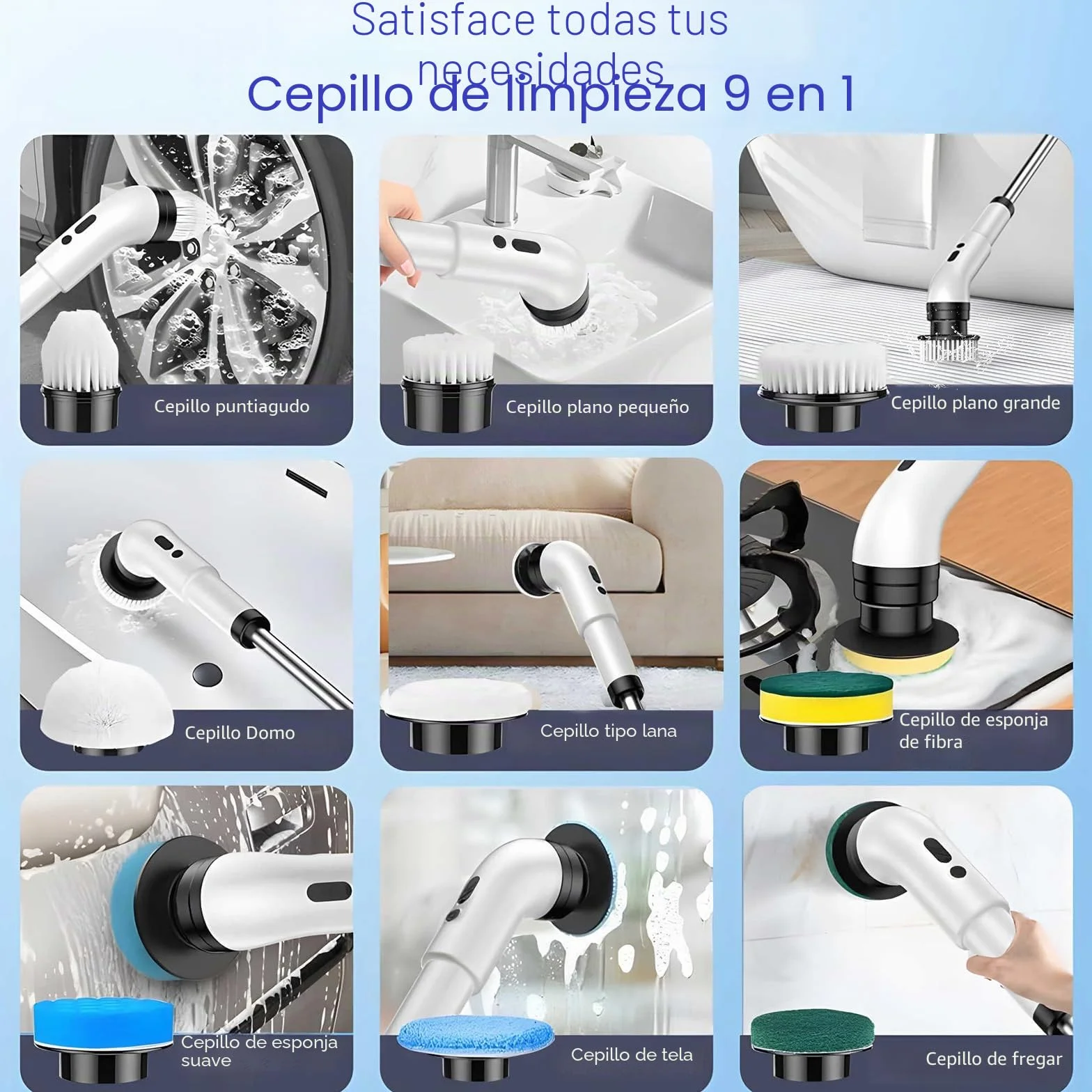 Journeyside Cepillo De Limpieza Electrico,Limpiador Giratorio Eléctrico con 9 Cabezales De Cepillo De Repuesto, IPX7 Fregadora Giratoria Hogar,Electrico Baño Brush con 3 Velocidades para Baños,Cocinas