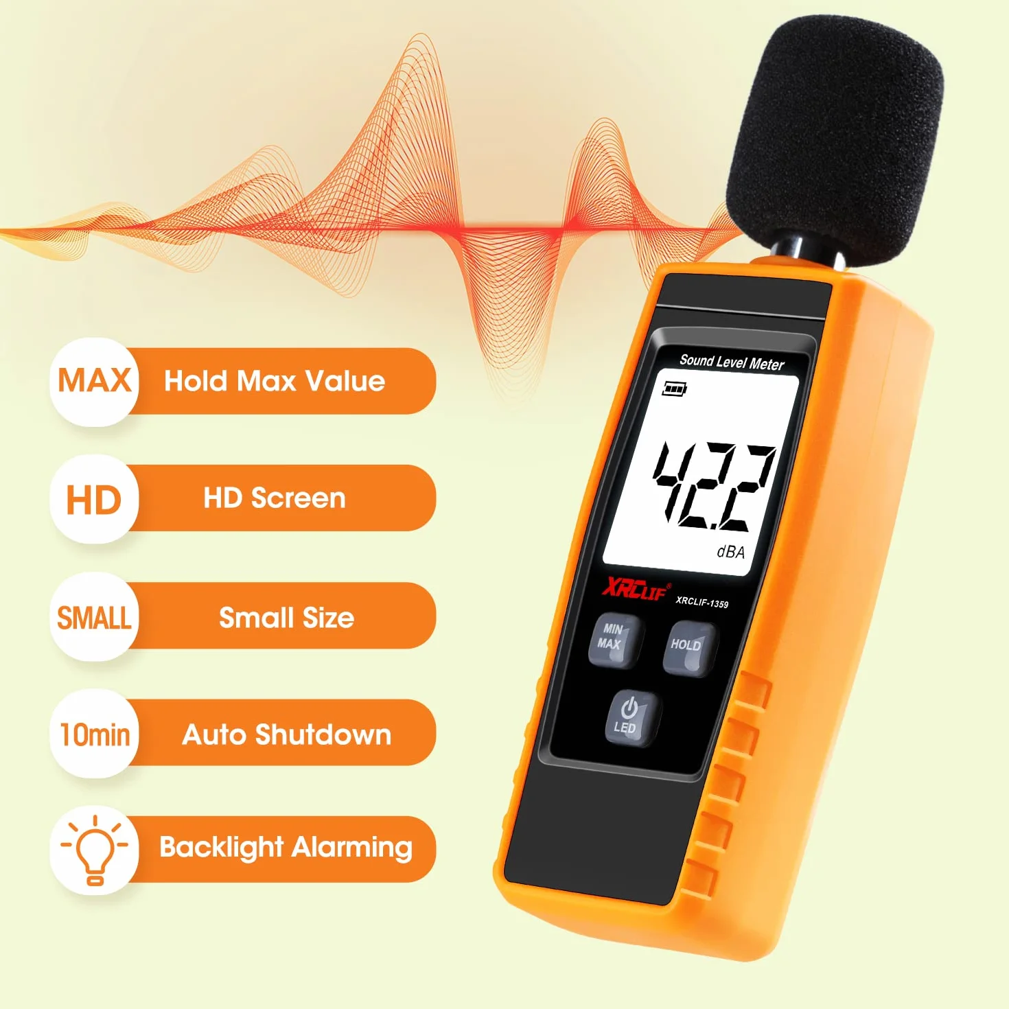 Sonometro Digital de Nivel de Sonido de Mano con función de Valor de Alarma programable, medidor de Ruido de decibelios de 30-130 dB (A), medidor de Ruido de Sonido con Pantalla LCD, función de