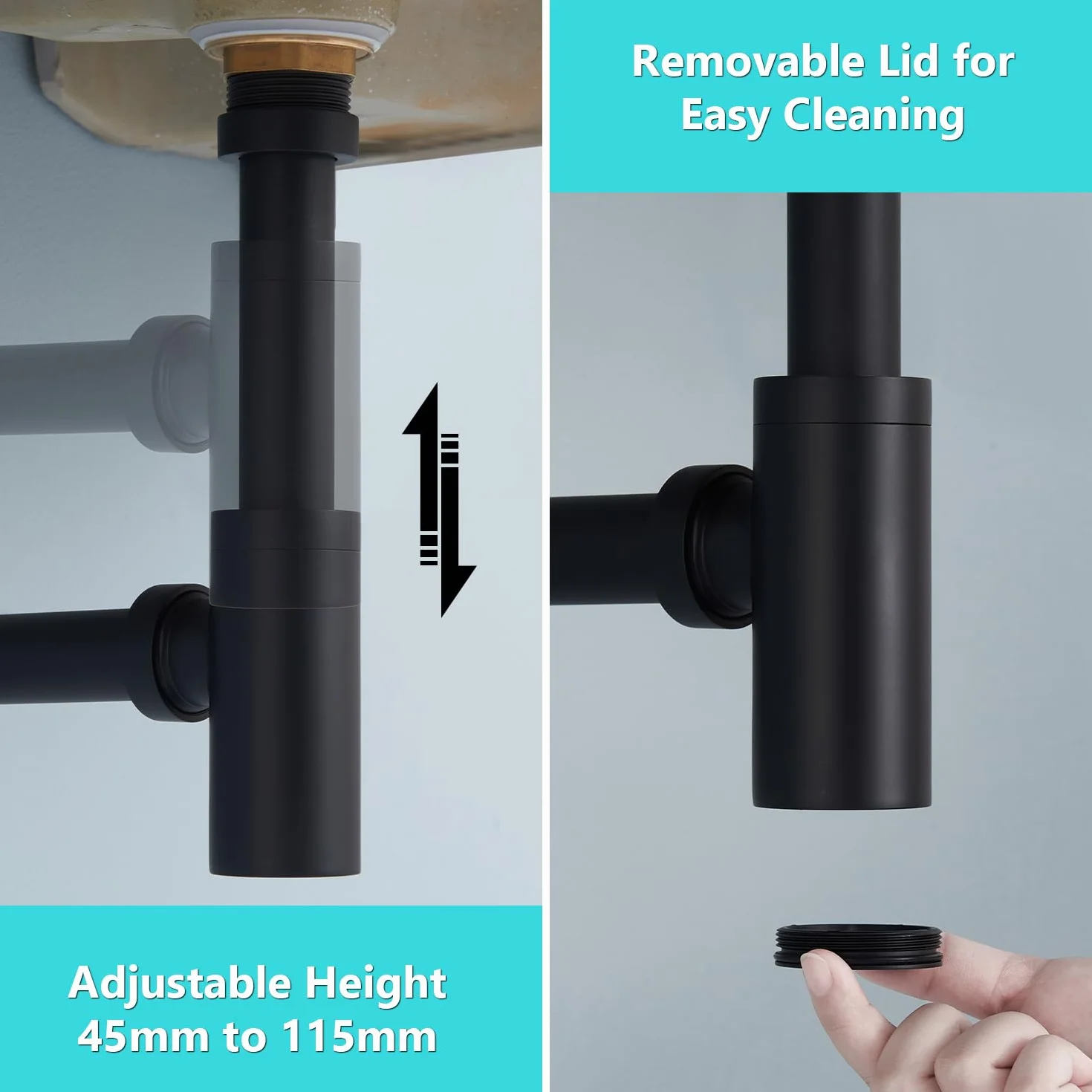 Sifón Lavabo Negro Universal con Desagüe sin Rebosadero, Altura Ajustable, Válvula Click Clack