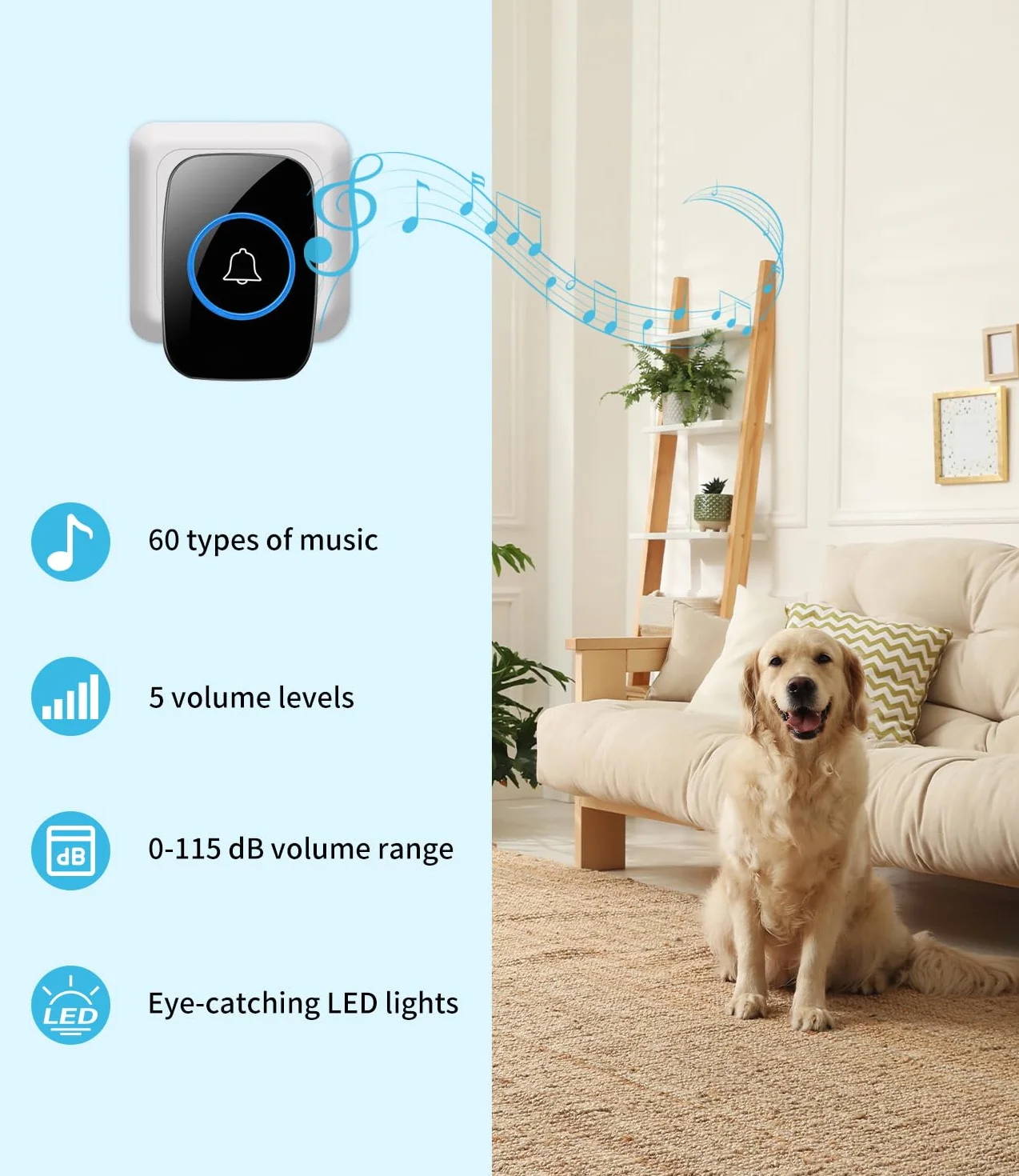 Timbre Inalámbrico Exterior Impermeable,Ip55 Kit De Timbre Inalambrico Doorbell Con 60 Melodías, Led Azul Para El Emergencias Hogar Oficina Hotel,300 metros Timbre Negro Timbre Casa Interior