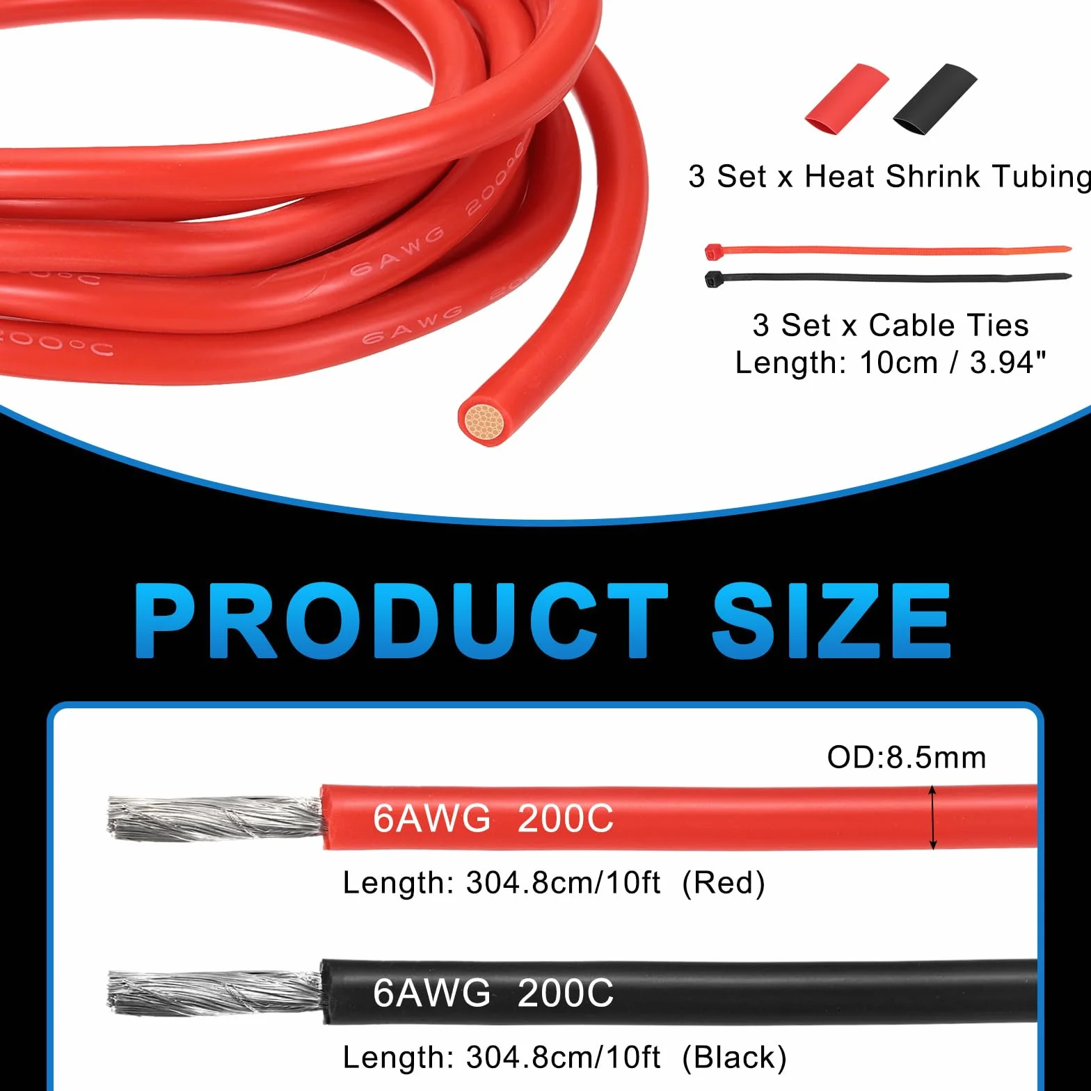 QUARKZMAN 2 Piezas Cable Eléctrico de Silicona 6 AWG, Cable de Cobre Estañado Calibre 6 3m/10ft con Tubo Termorretráctil y Bridas Para Automóvil, Motor, Inversor RV - Rojo y Negro