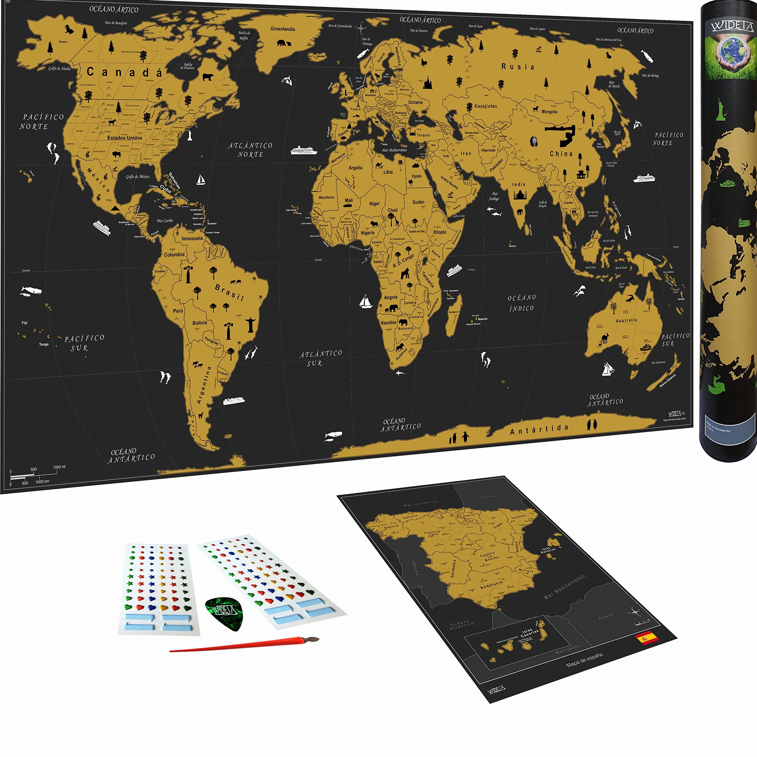 WIDETA Mapa del mundo a rascar en español 82 x 43 cm Póster gran formato con Mapa de España adhesivos y herramienta de rascado