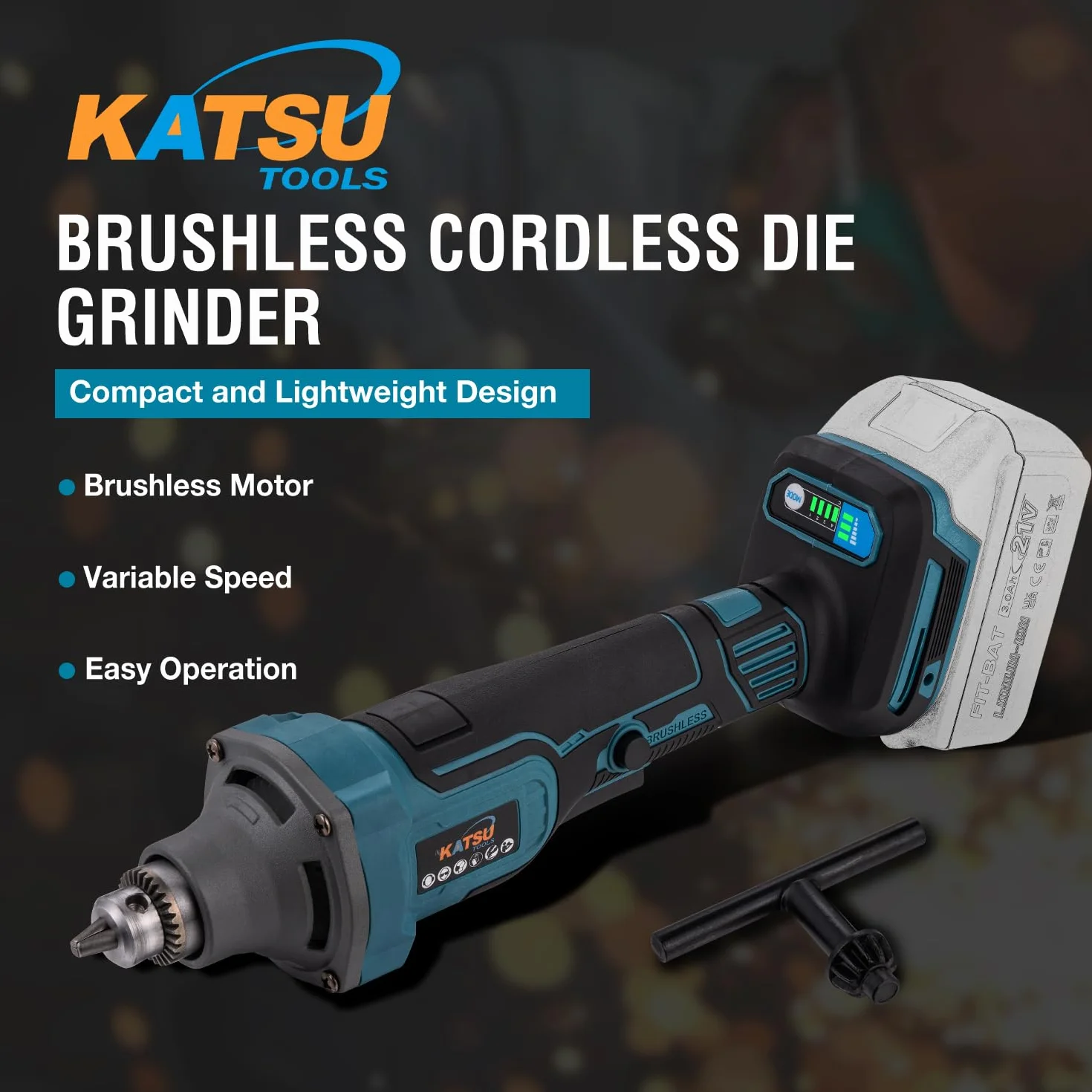 KATSU FIT-BAT 21V Brushless Amoladora Recta a Batería sin Escobillas, 6mm Portafresas, 4 Velocidades Variables y Interruptor de Seguridad, sin Batería ni Cargador 102324
