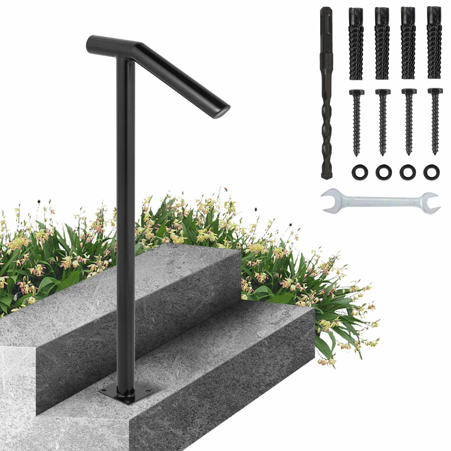 Happybuy Pasamanos Escalera 45.7 cm Barandilla Escalera 45.7 cm Pasamanos para Escaleras Pasamanos de Pared Montaje en Pared Hierro Forjado Color Negro 2 Pasos