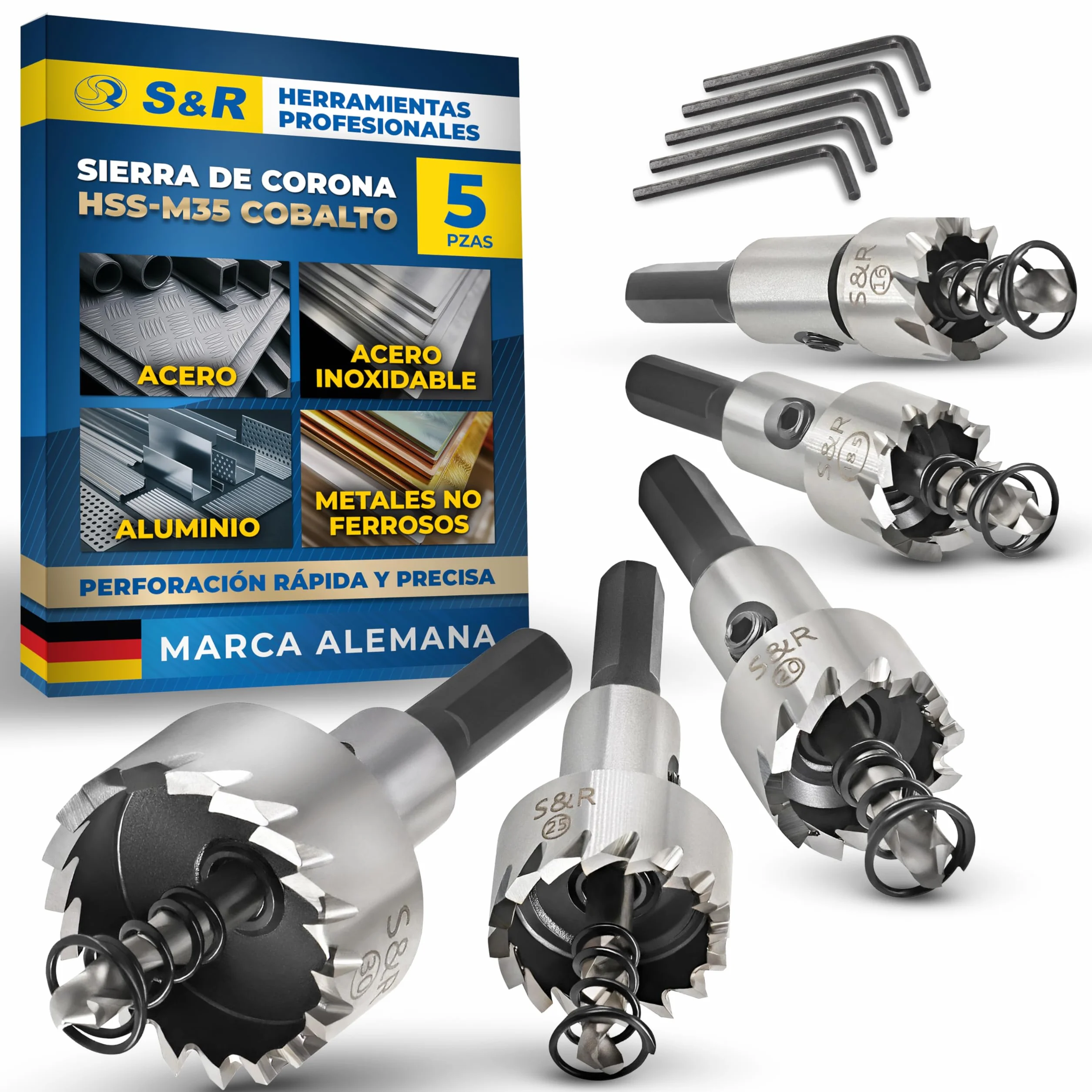 S&R Brocas Sierra Coronas Perforadora Metal. - Juego de 5 Fresas a Taza: 16 + 18,5 + 20 + 25 + 30 mm HSS Cobalto 5% - HRC 64-66