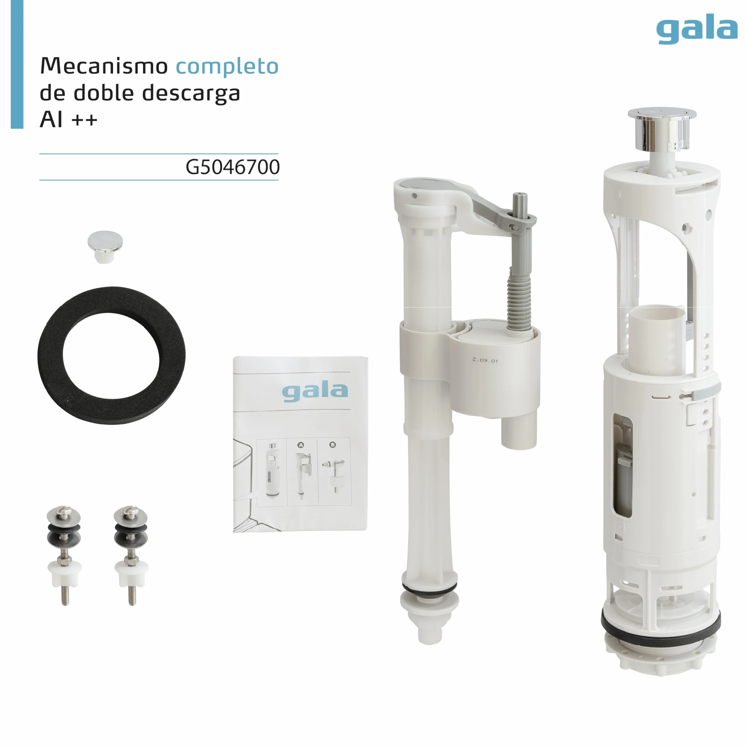 Gala Mecanismo G5046700– Mecanismo completo de doble descarga Alimentación inferior++. Compatible con cisternas Gala y de otras marcas. Fácil instalación