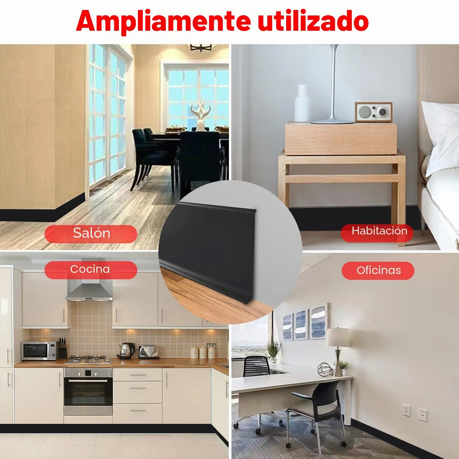MENAYODA Rodapié blando de PVC, Listón adhesivo de 10 cm de ancho, Listón decorativo flexible con pliegues en forma de S para cubrir juntas en las esquinas (12m, Negro)