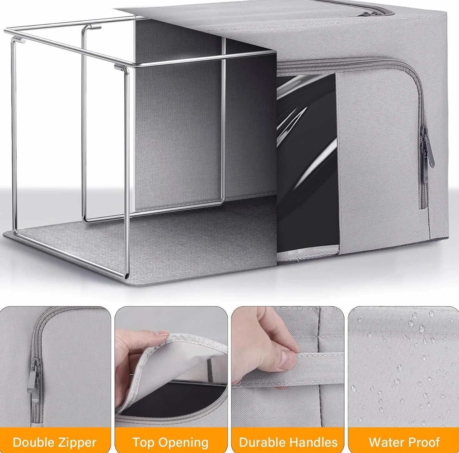 Cajas de Almacenamiento con Cremallera y Ventana Pack 3 Unidades Impermeable Metálica Plegables Gris claro 24L