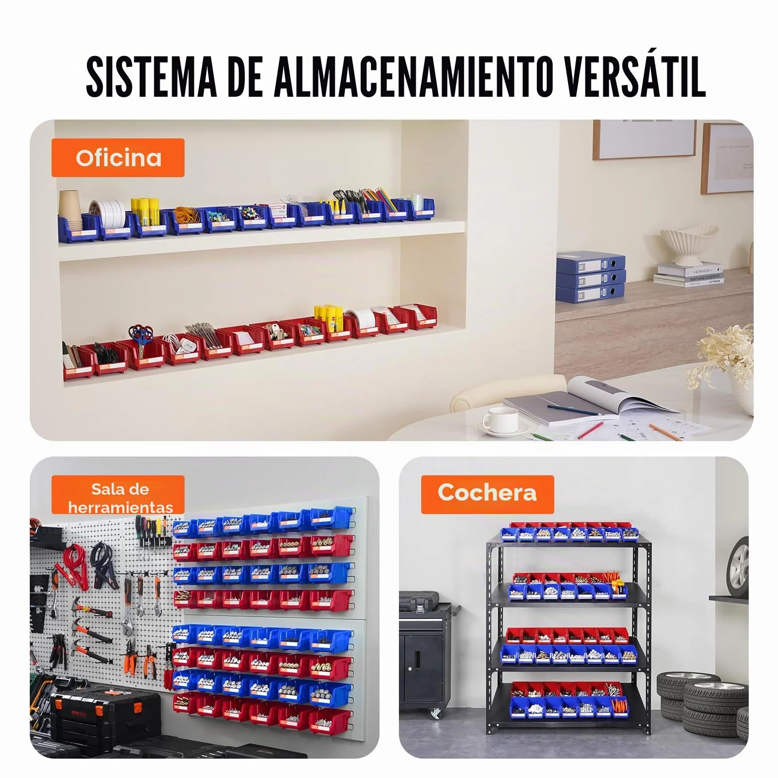 VEVOR Contenedor de Pernos 24 Cajas de Almacenamiento Apilables para Taller 137 x 105 x 78 mm Combinación Azul/Roja Contenedor de Herramientas para Armario, Cocina, Oficina, Despensa, Estante, Pared