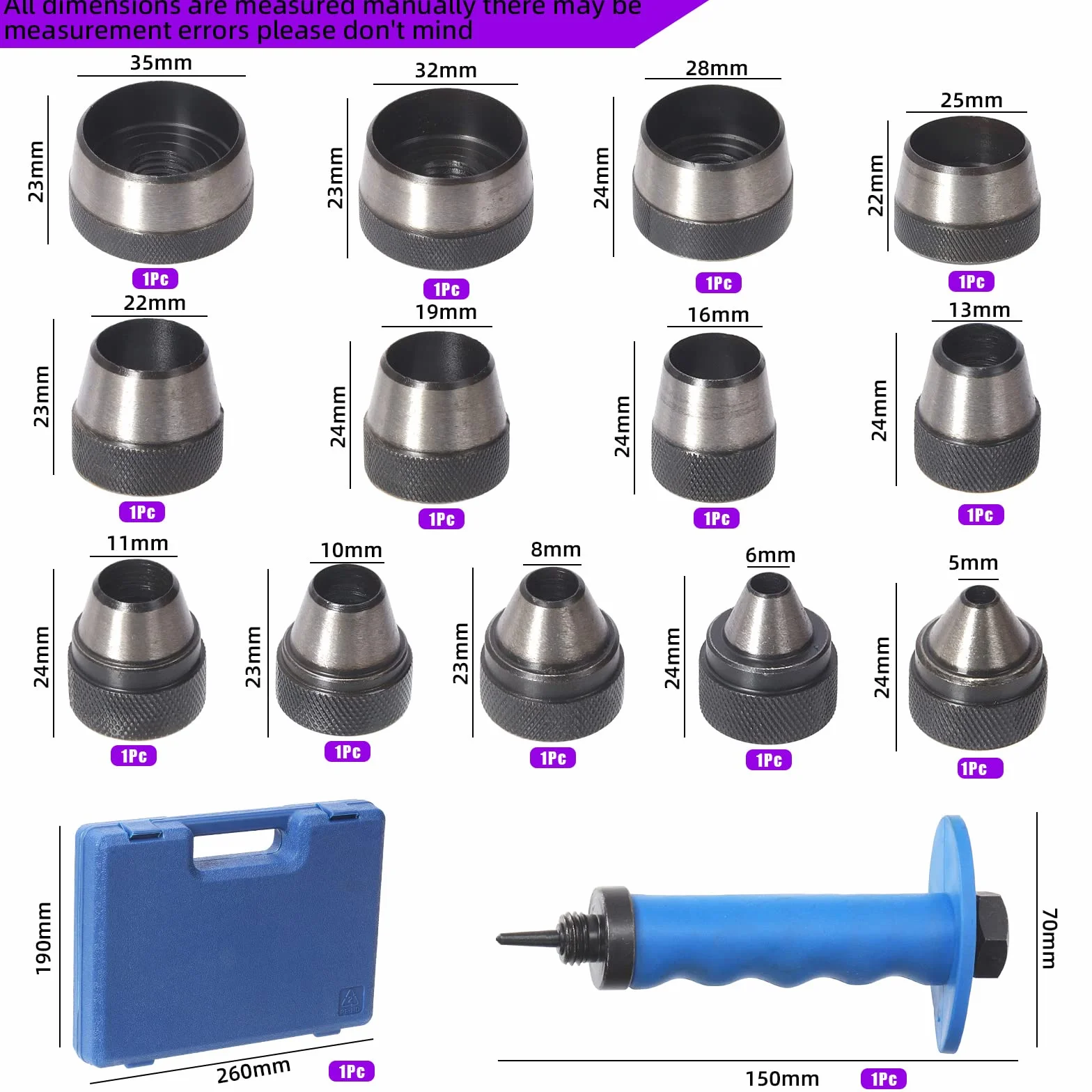Swpeet 14 piezas 14 en 1 kit de perforadores huecos, herramientas de cuero, kit de herramientas de perforación, juego de juntas con estuche de almacenamiento para cuero de goma de plástico