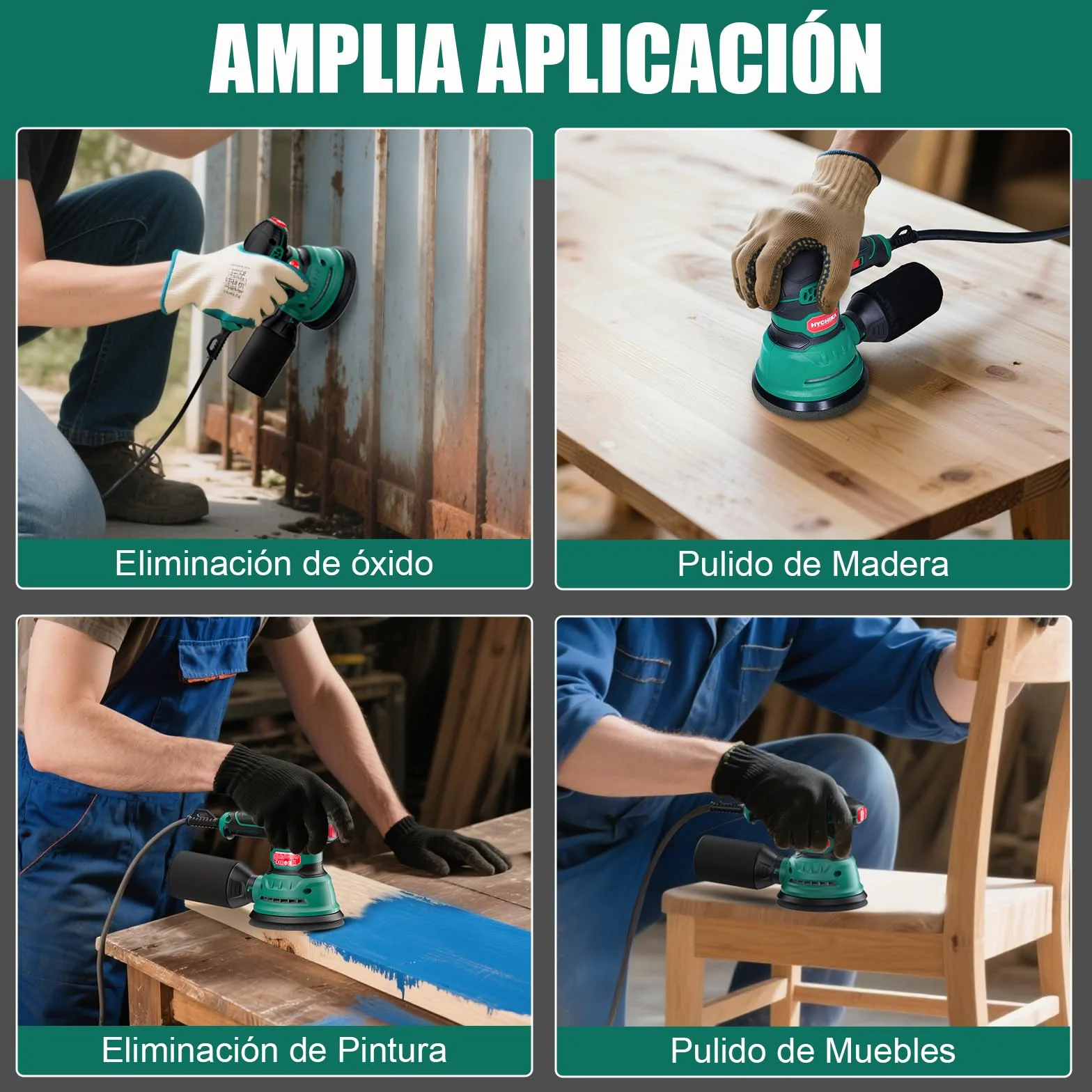 HYCHIKA Lijadora Orbital, 300W 12000OPM Lijadora Madera, 6 Velocidades, con 16 Piezas de Discos de lija 125mm, Con Recogida de Polvo y Efecto de Frenado Rápido, para Lijar y pulir Madera