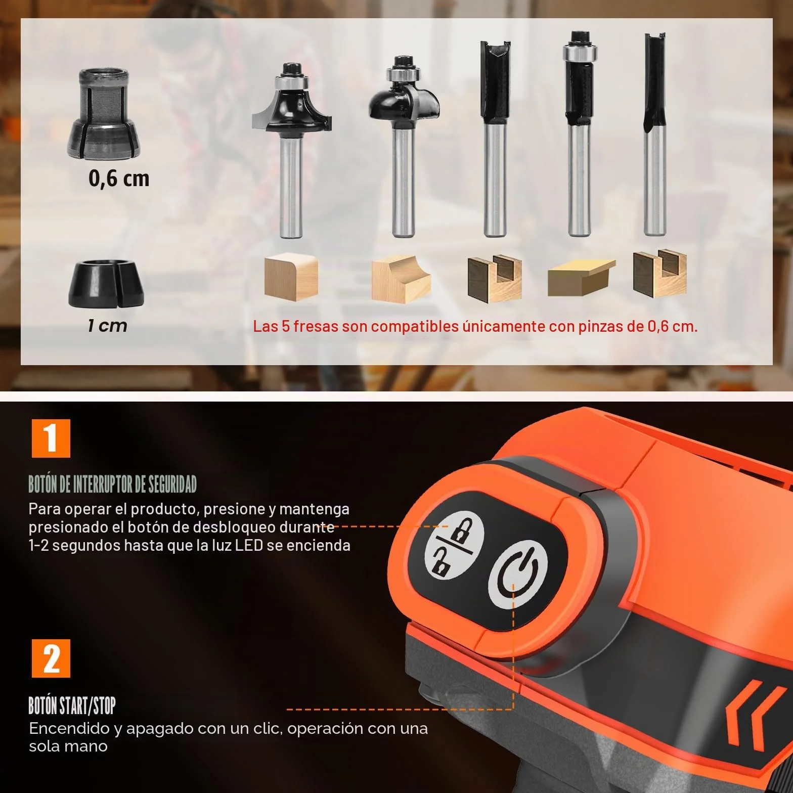 Fresadora de Madera Compatible con Makita 18V Batería, Fresadora de Mano con 6 Velocidades, Motor Sin Escobillas, 30000 RPM, 5 Piezas Fresas (Sin Batería)