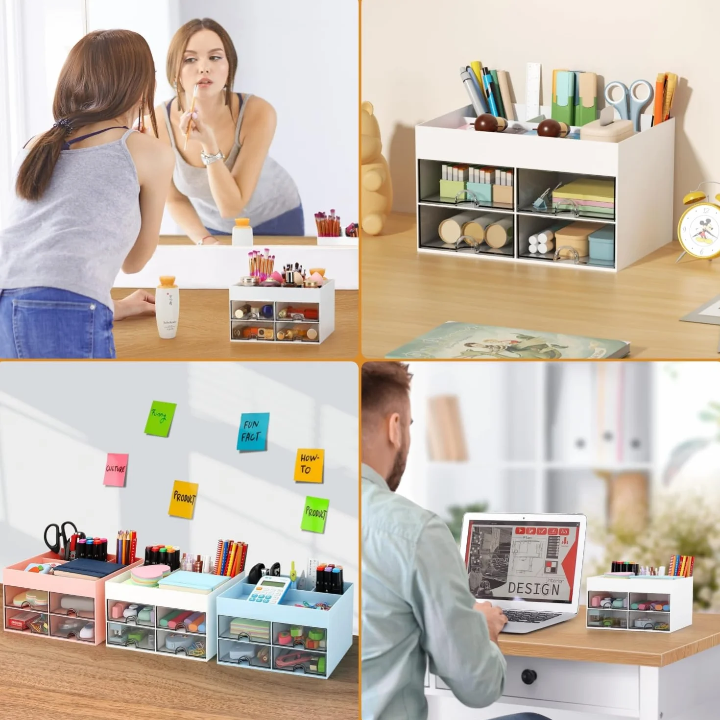 KAHEIGN Organizador de Escritorio 4 Cajones 19CM x 14CM Portalápices Multifuncional Blanco