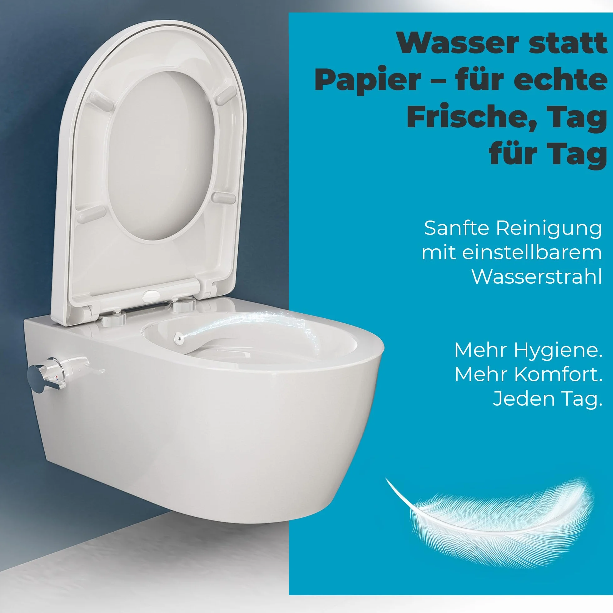 SSWW Taharet - Con Grifos y asiento extraíble Softclose | Ducha para inodoro suspendida | WC con función bidé | Higiénico | Alfa sin borde | 540 x 360 x 330 mm