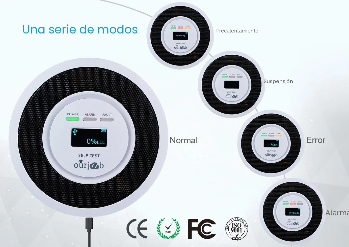 Ourjob Detector de Gas LPG/Gas Natural/Propano/Butano/Metano Alimentado por USB Alarma Fugas para Cocina