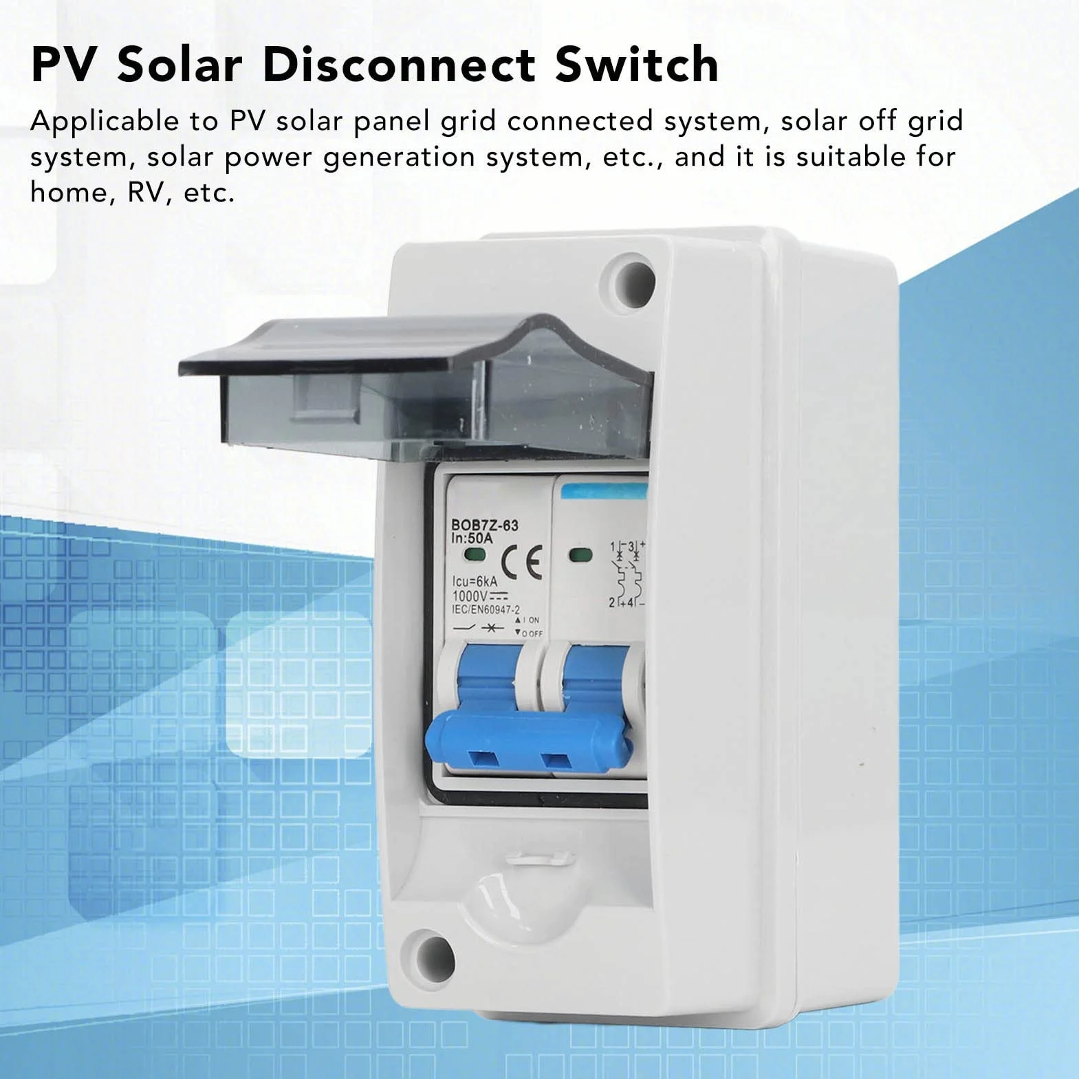 Asixxsix Interruptor de circuito en miniatura CC, 2 polos, 1000 V, 50 amperios, interruptor de desconexión solar con caja impermeable IP65, aislador de circuito fotovoltaico para paneles solares,
