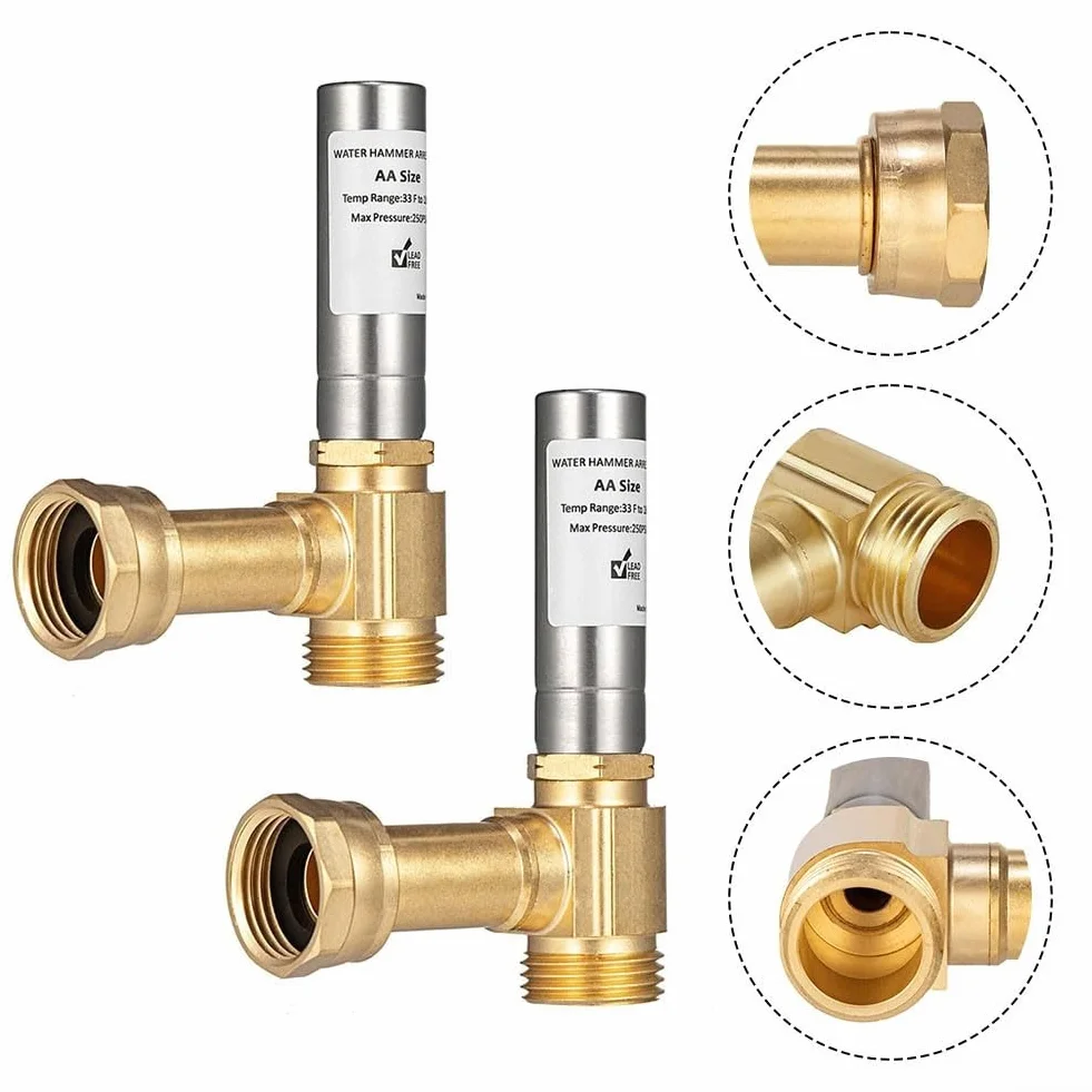 Pararrayos de martillo de agua en ángulo de 3/4 pulgadas para lavadoras, construcción de acero inoxidable y latón, absorción de impactos para sistemas de fontanería, paquete de 2