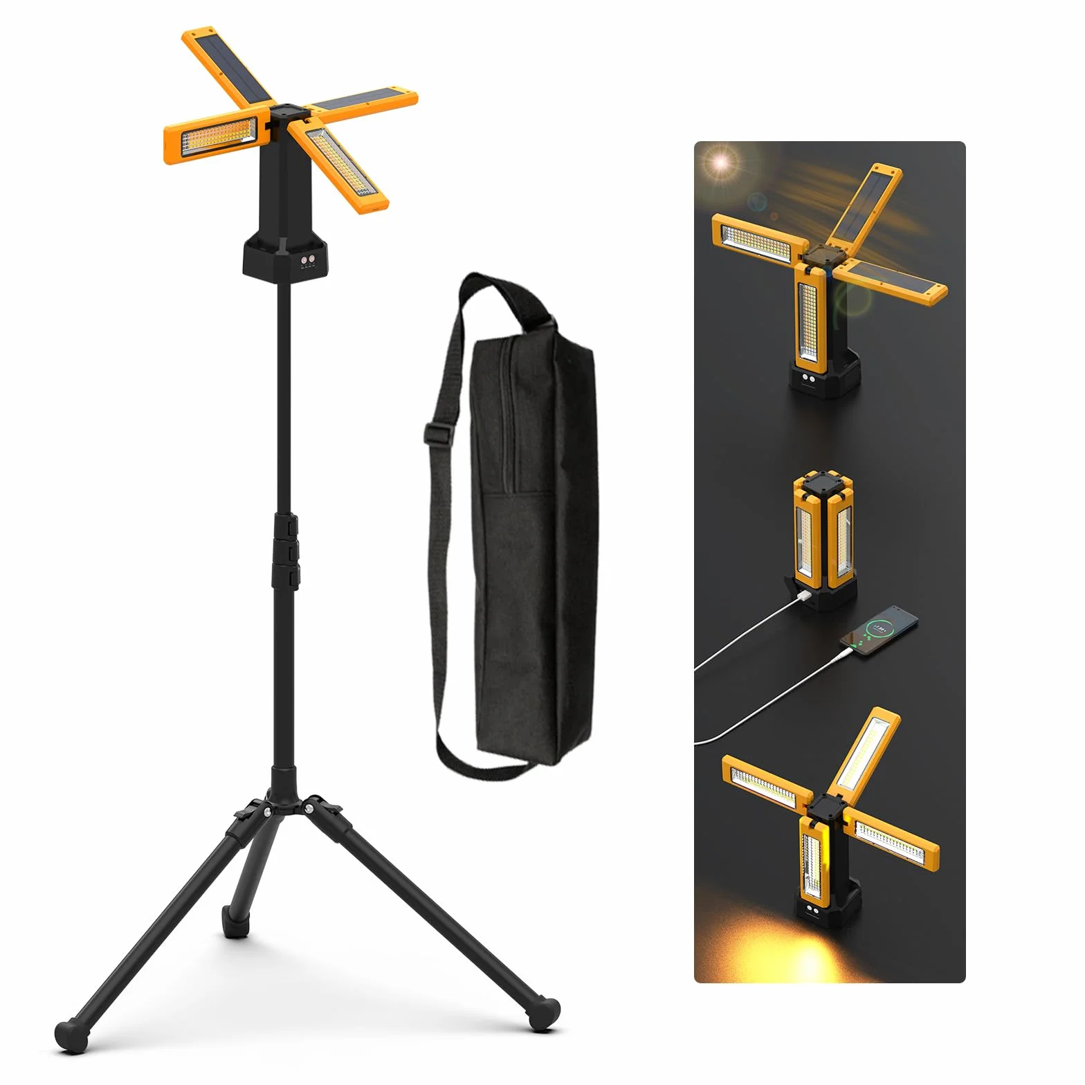 Foco de Construcción LED con Batería Solar con Trípode, Batería de 13200 mAh de Capacidad, Foco Recargable de Trabajo 8000 Lúmenes, Para Obras de Camping, Estudio (Naranja)